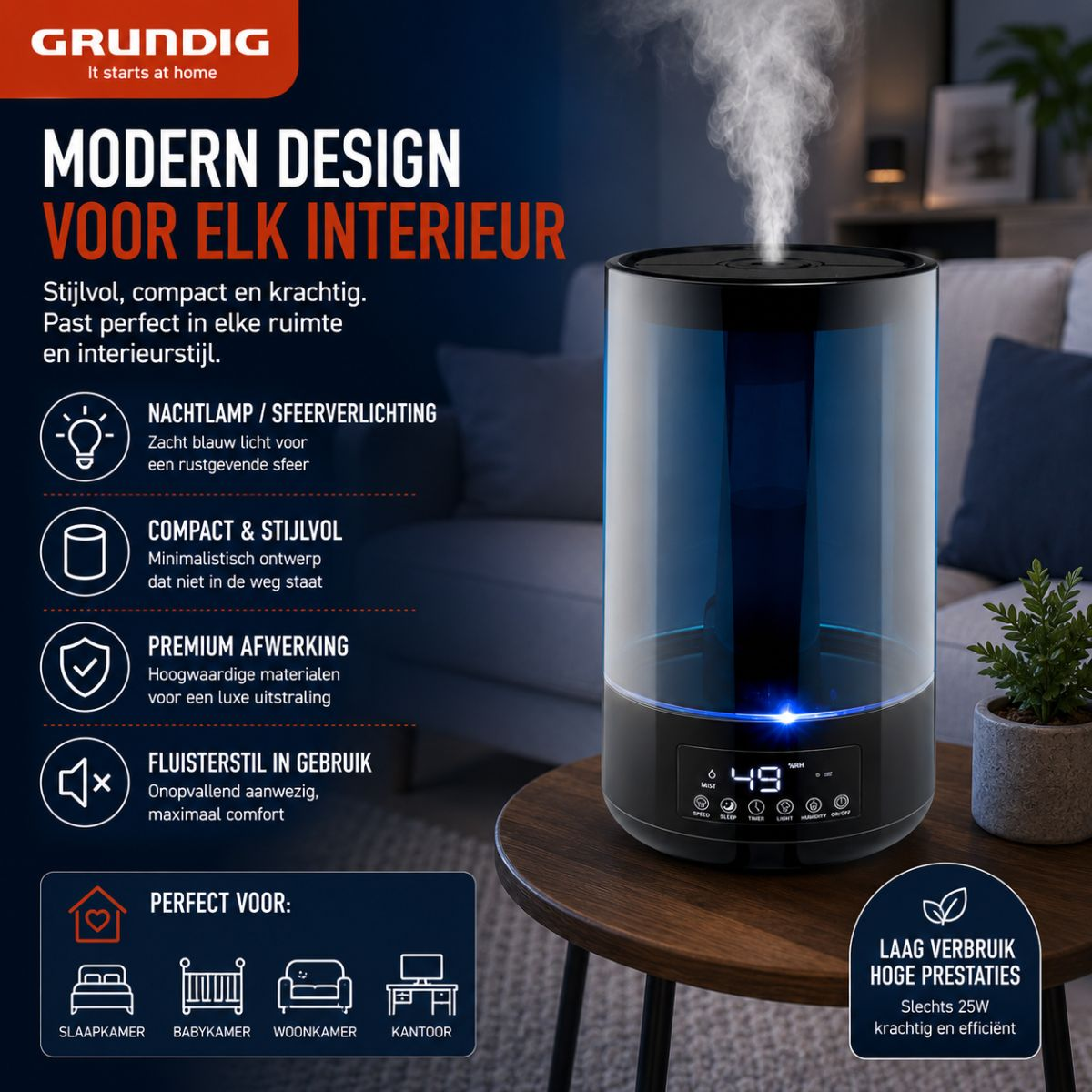 A modern humidifier with a digital display, emitting mist.