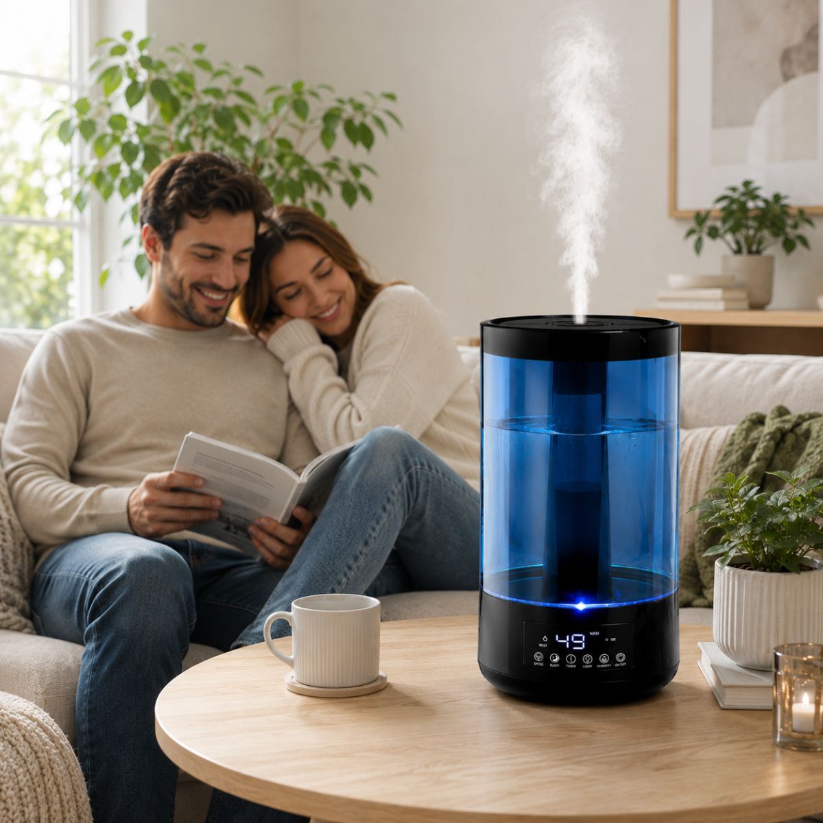 A couple relax on a sofa, reading. A humidifier emits steam.