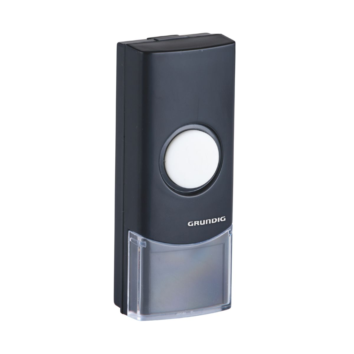Une sonnette Grundig noire avec un bouton blanc et une plaque nominative transparente.