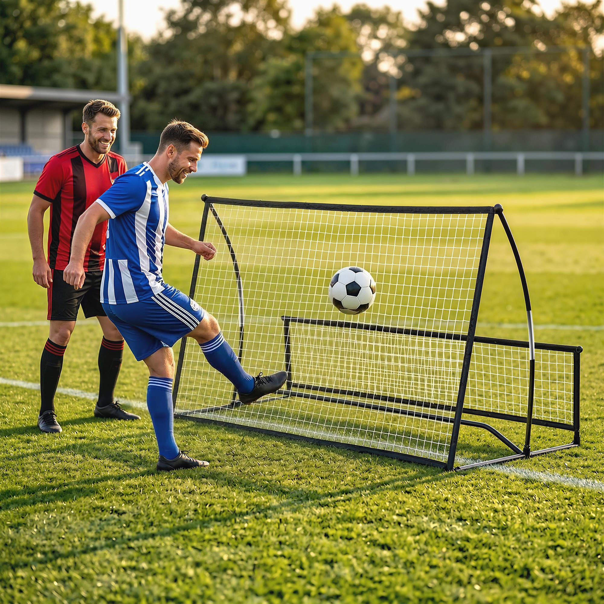 Dos hombres jugando al fútbol en un campo, uno pateando el balón a la red.