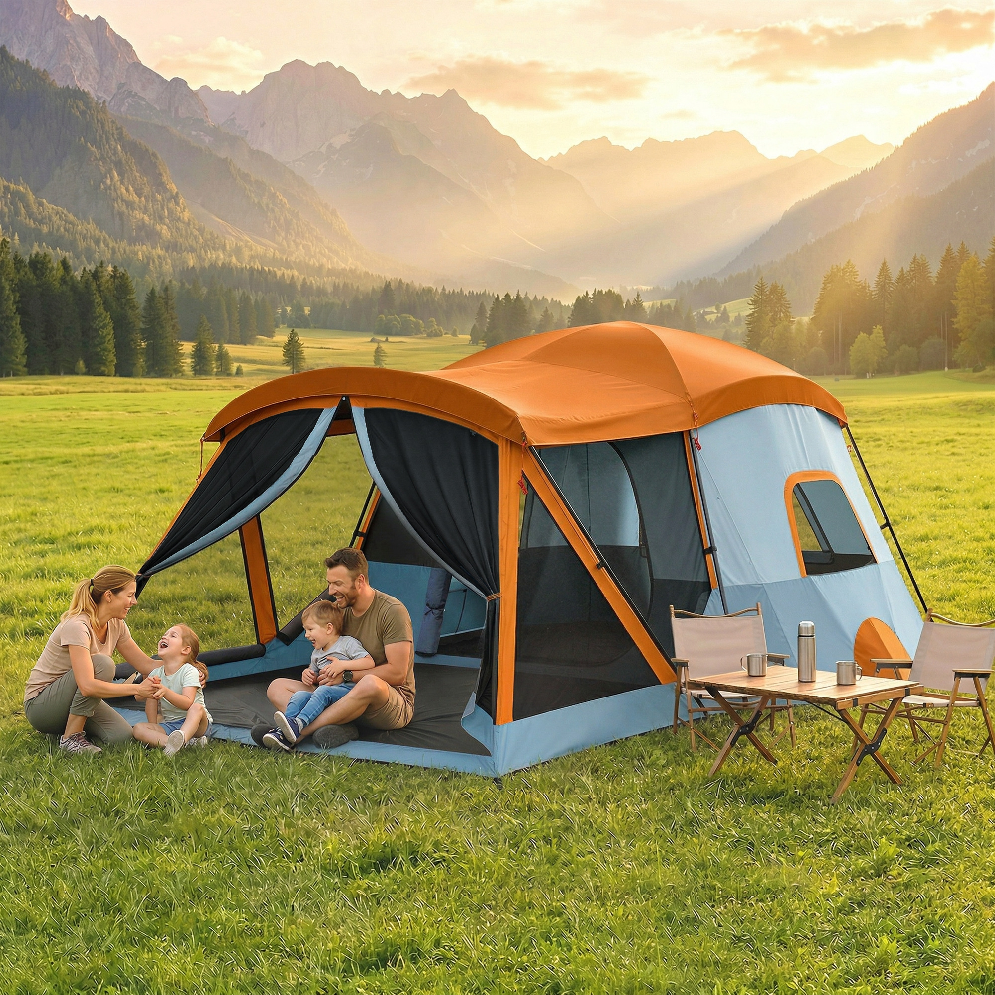 Una familia acampa en las montañas al atardecer. Hay una tienda, mesa y sillas.