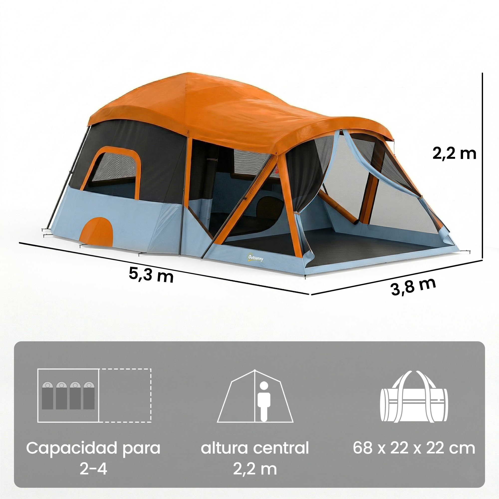 Una tienda naranja y azul con dimensiones 5.3x3.8x2.2m. Capacidad 2-4 personas.