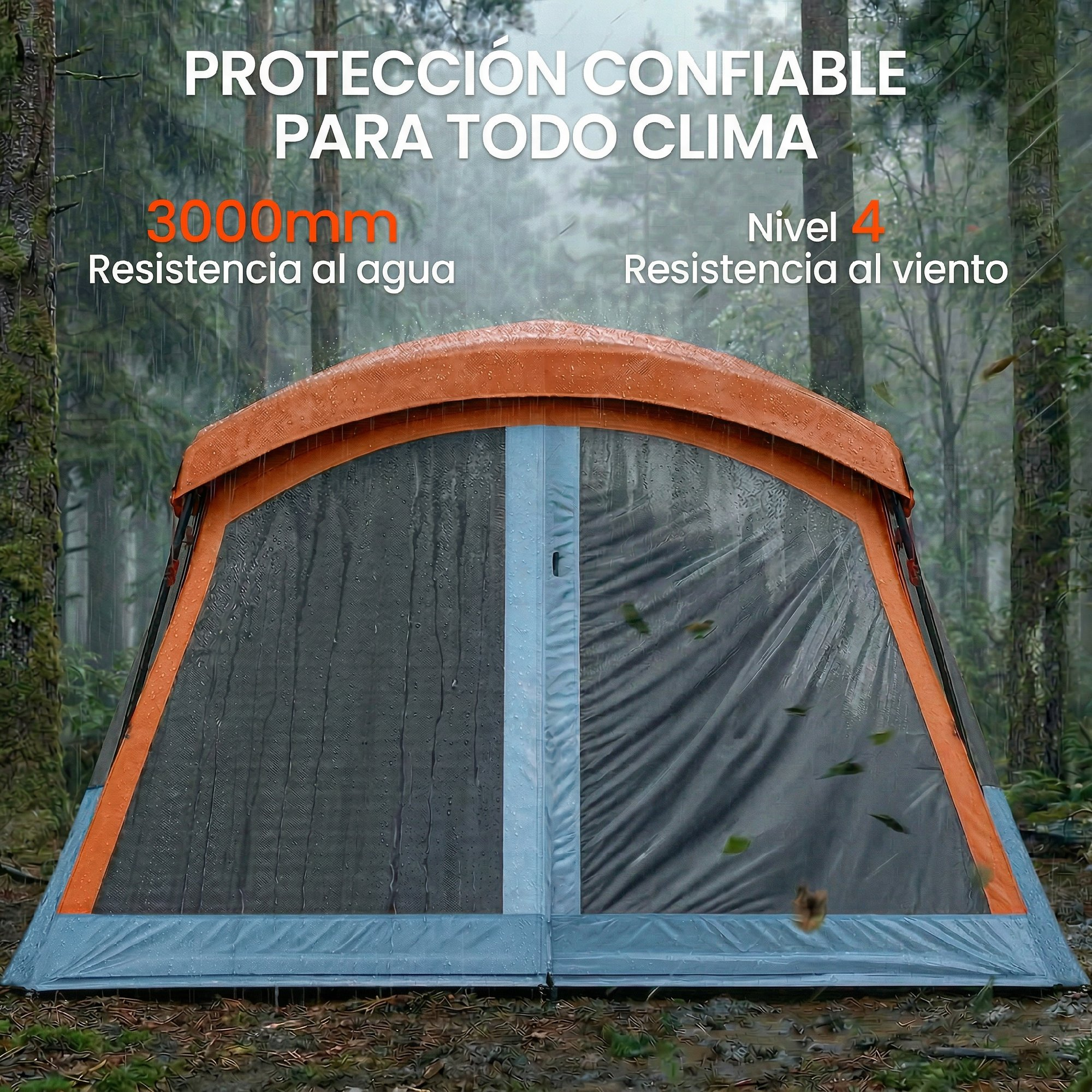 Una tienda de campaña naranja bajo la lluvia en un bosque, con texto sobre resistencia al agua.