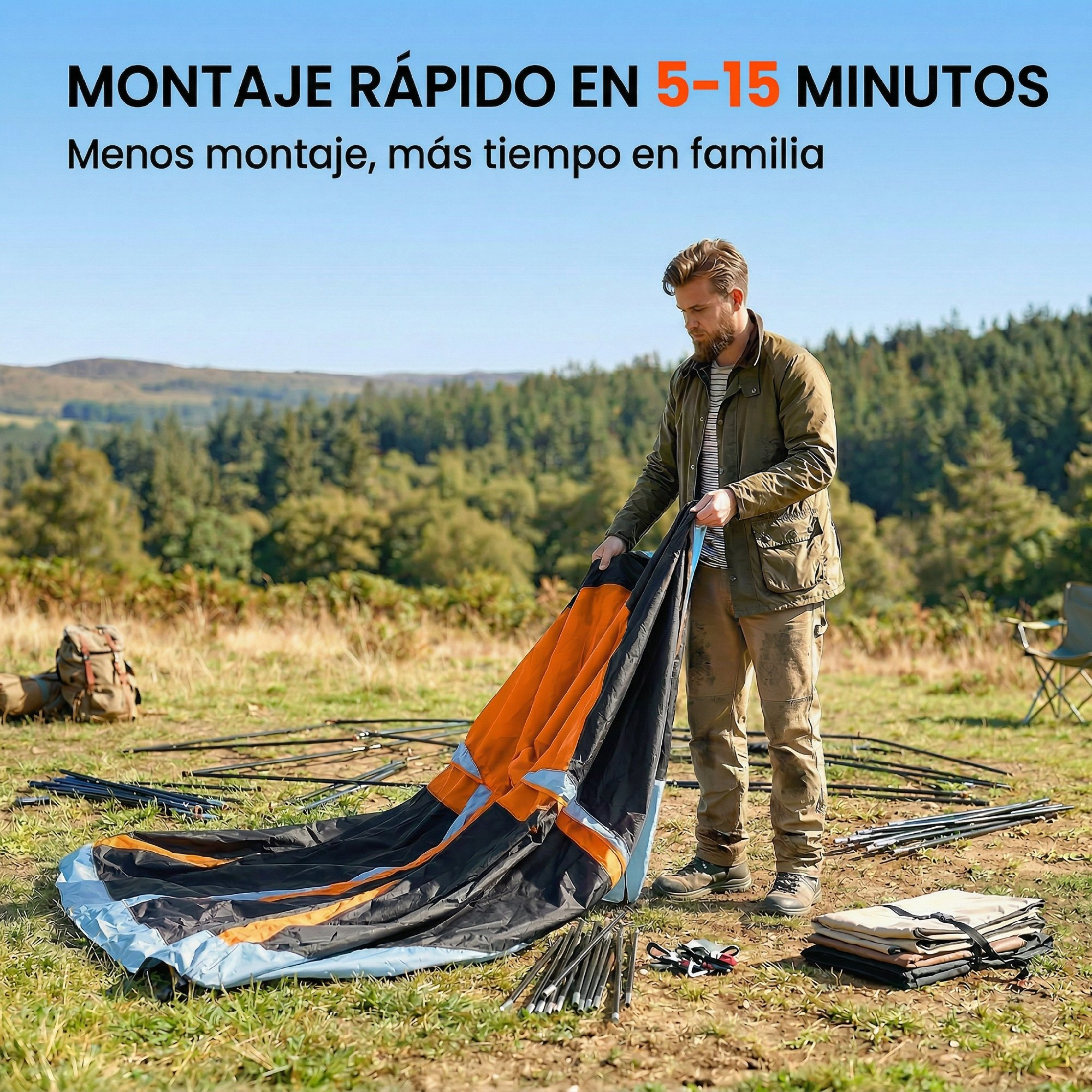 Un hombre monta una tienda de campaña naranja y negra al aire libre. Hay varillas y una mochila.