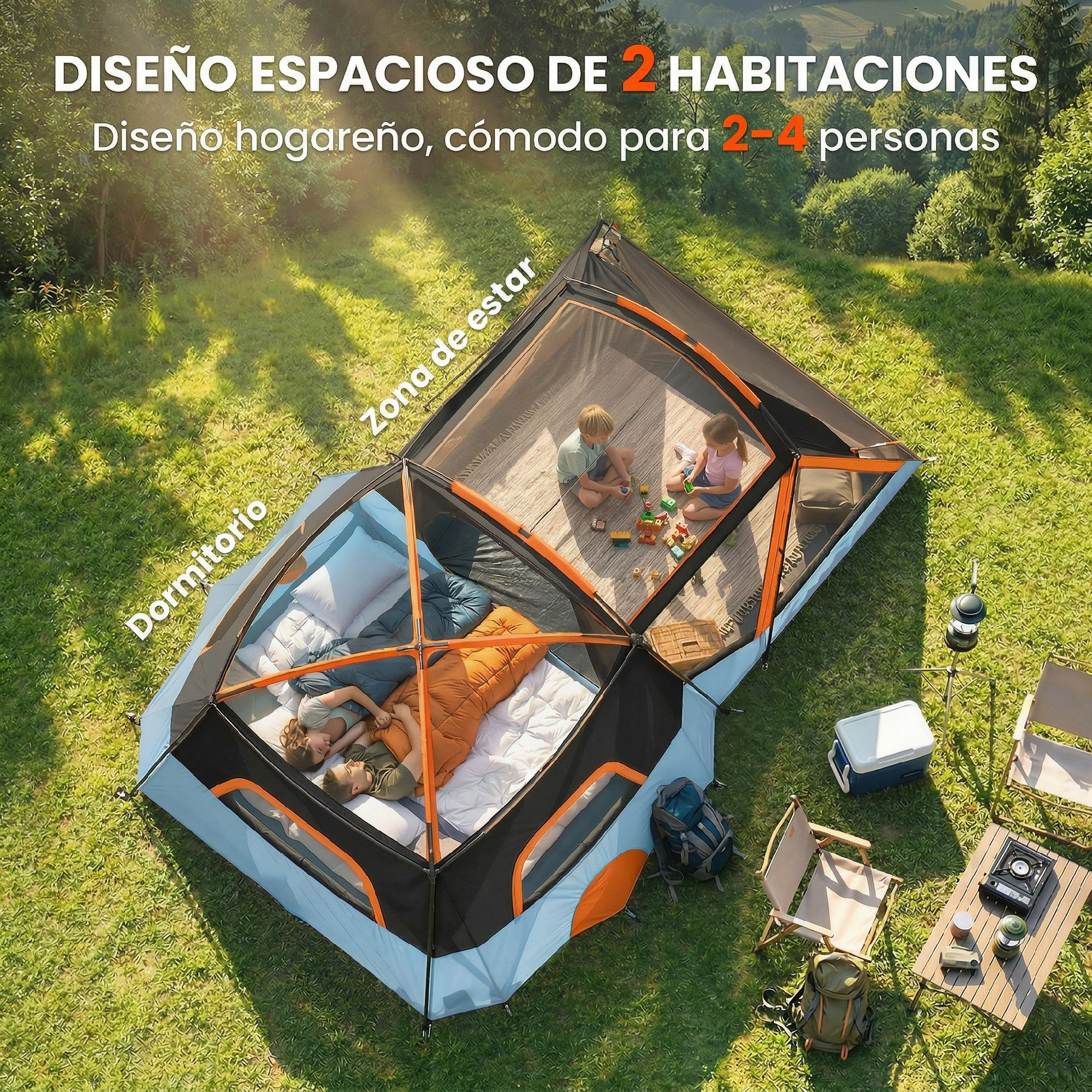 Tienda espaciosa con áreas de estar y dormir, dos niños juegan, dos adultos descansan.