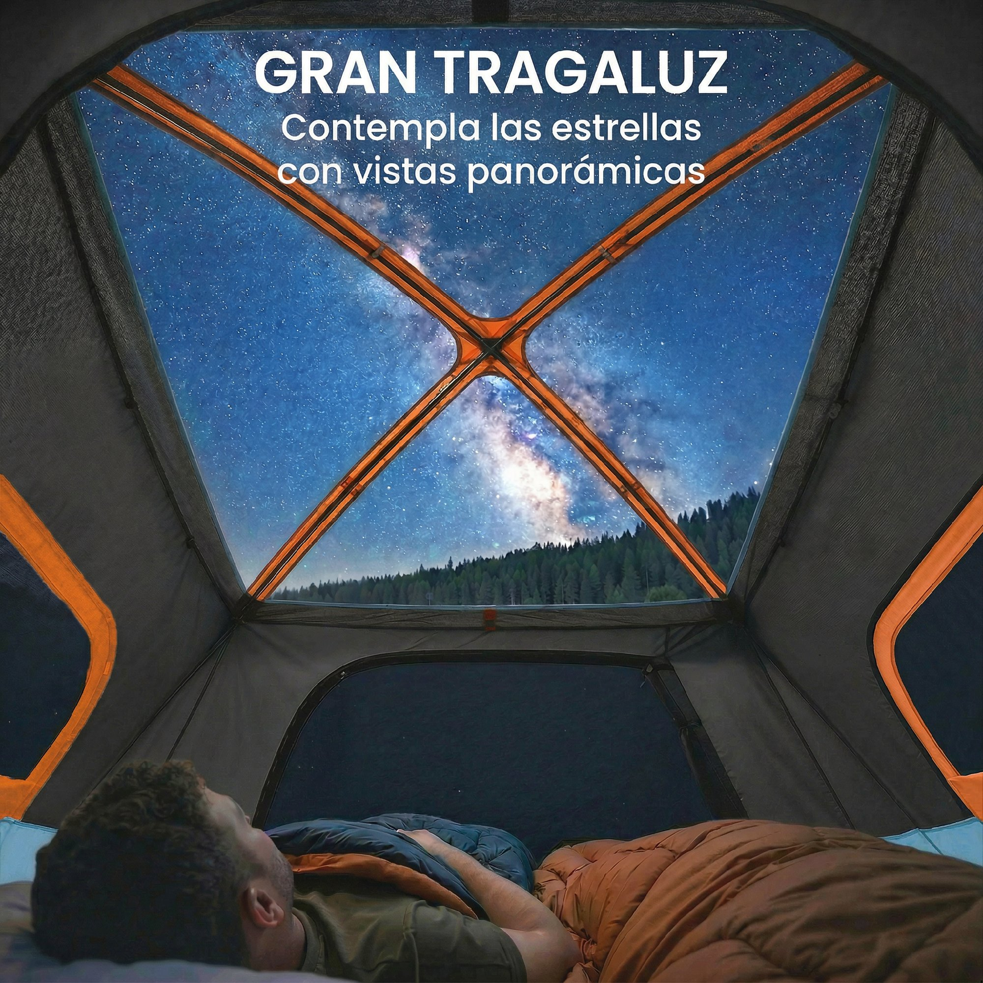 Hombre durmiendo en tienda bajo cielo estrellado con Vía Láctea.