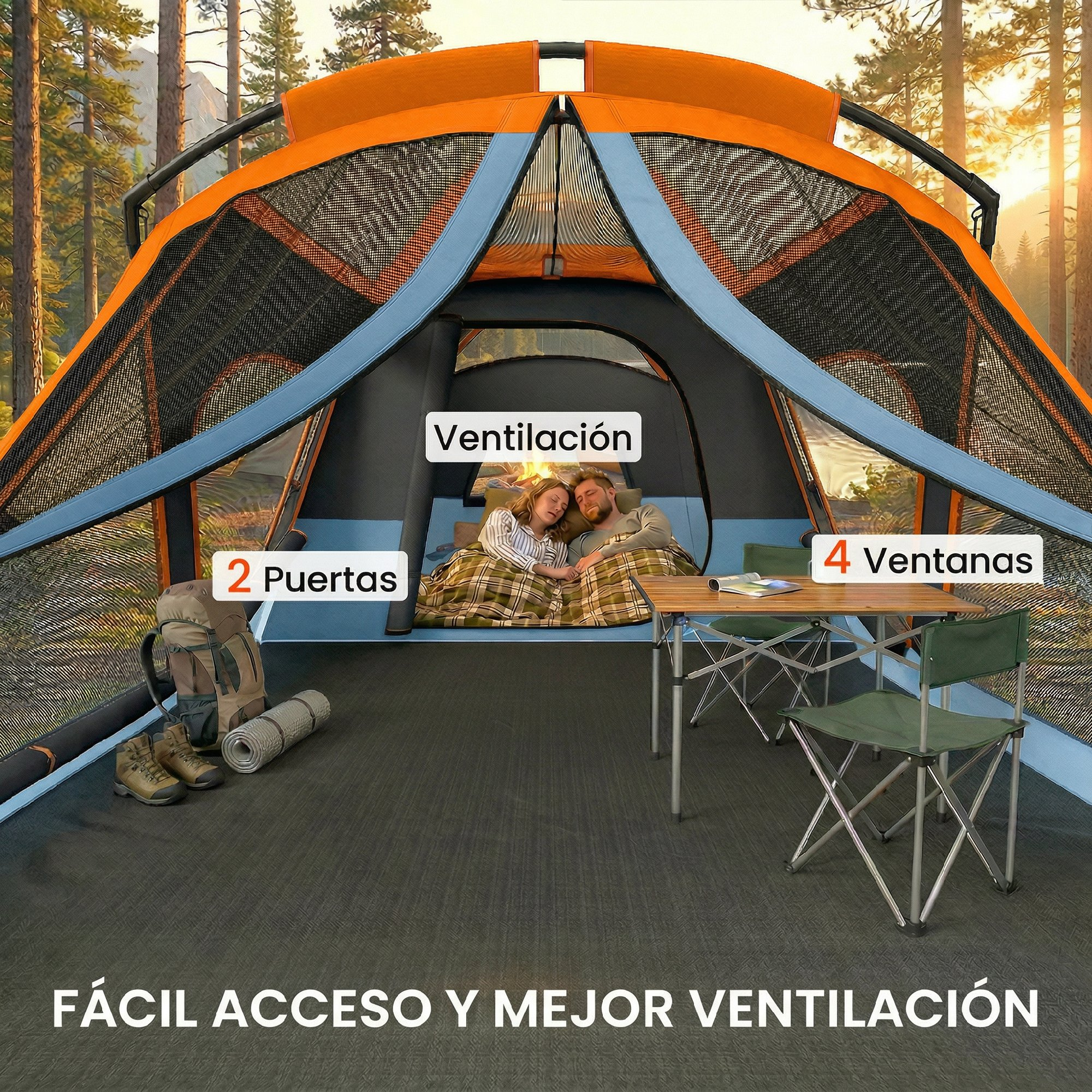 Tienda espaciosa en bosque con dos personas dentro, muebles y equipo fuera.