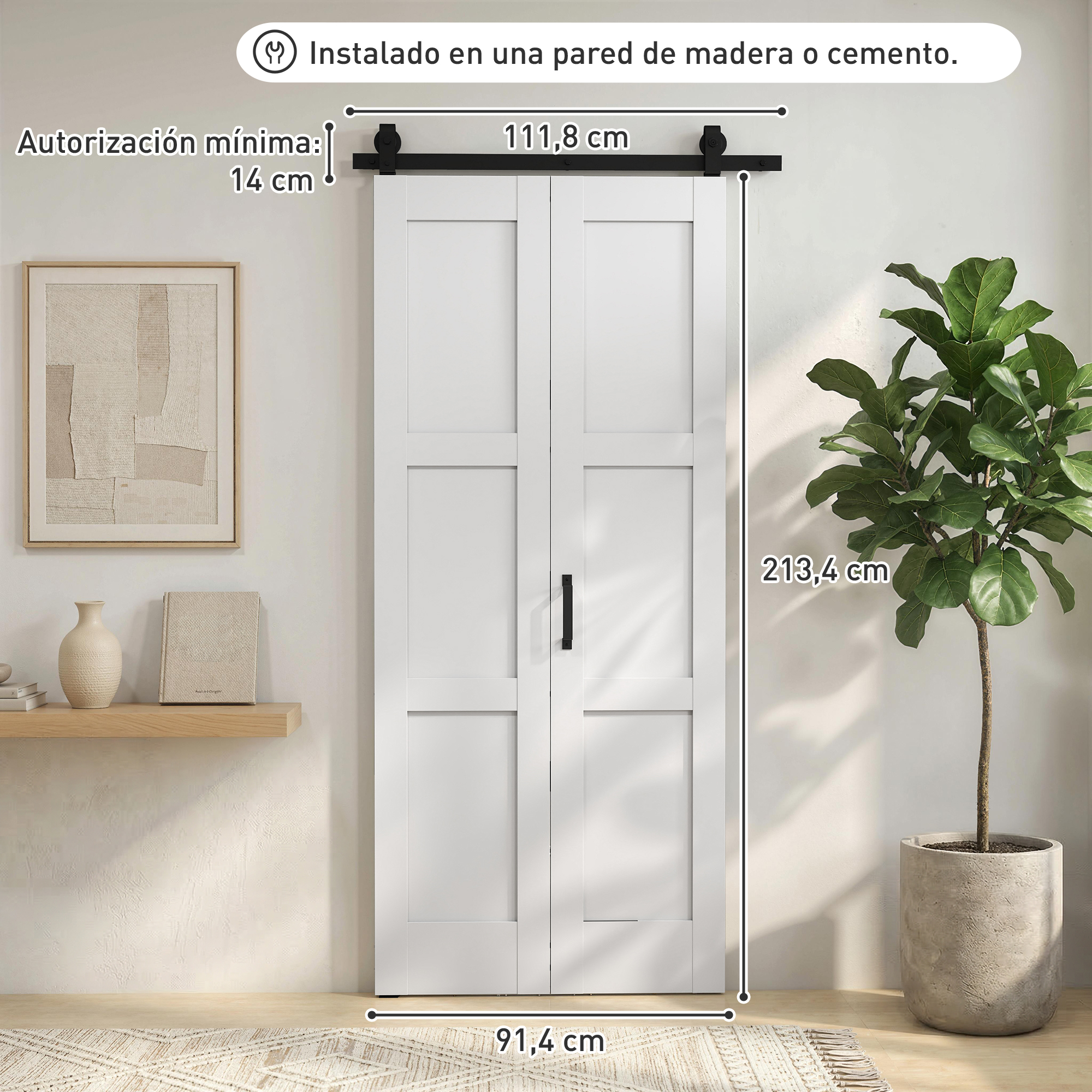 Puerta doble corrediza blanca con herrajes negros. Medidas 91,4x213,4cm.