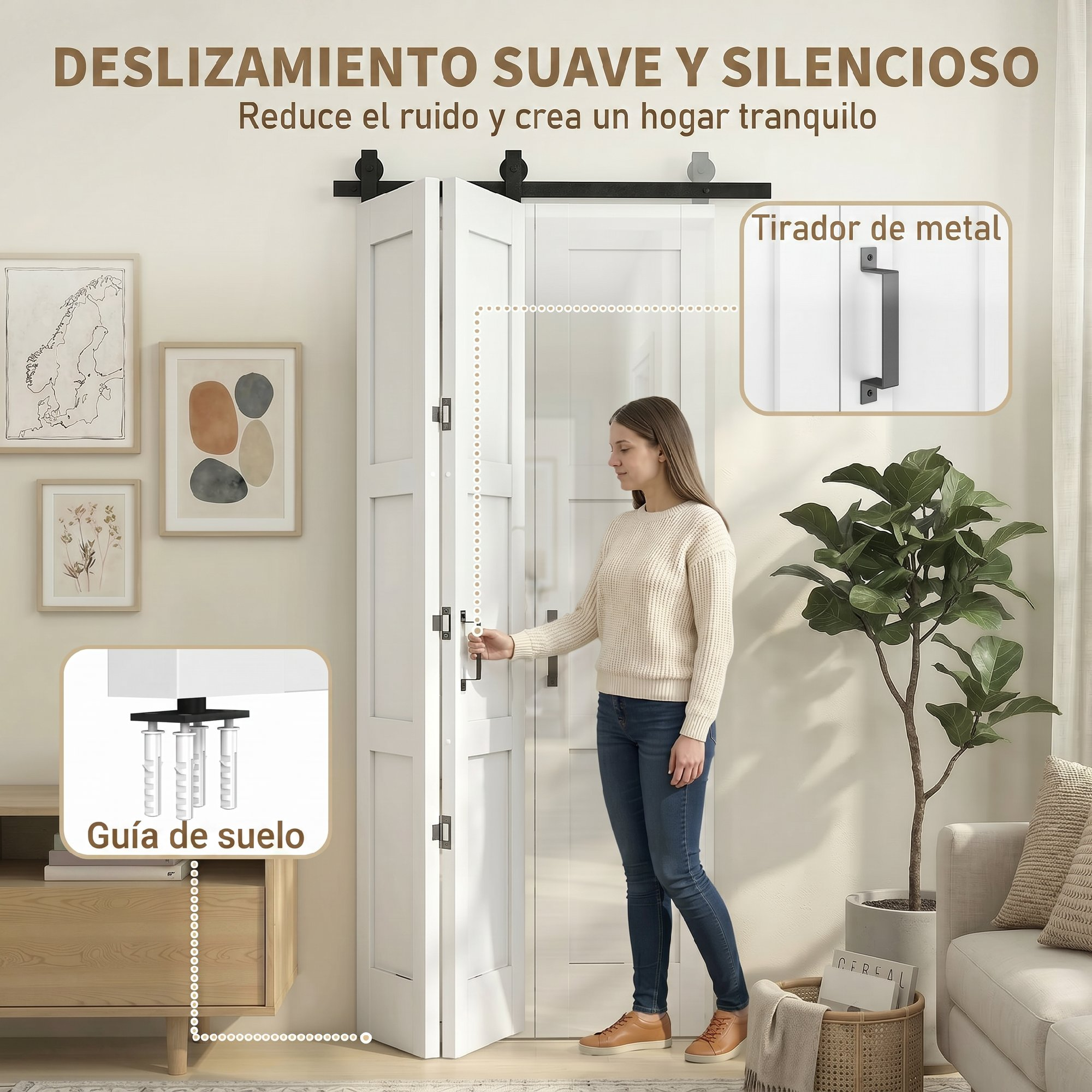 Una mujer abre puertas corredizas blancas. Tienen manillas negras y guía de suelo.