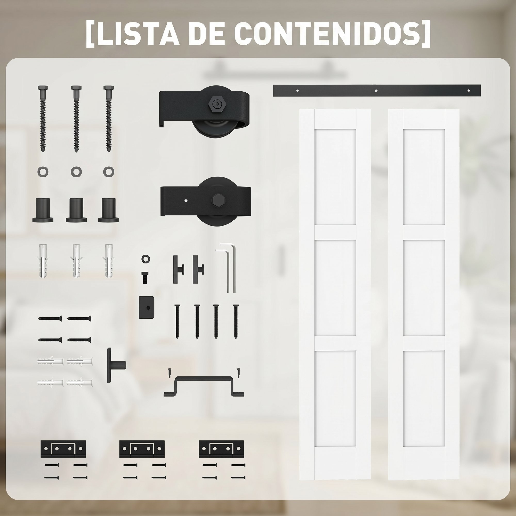Herrajes para puertas de granero y puertas blancas. Incluye rodillos, rieles, tornillos y anclajes.