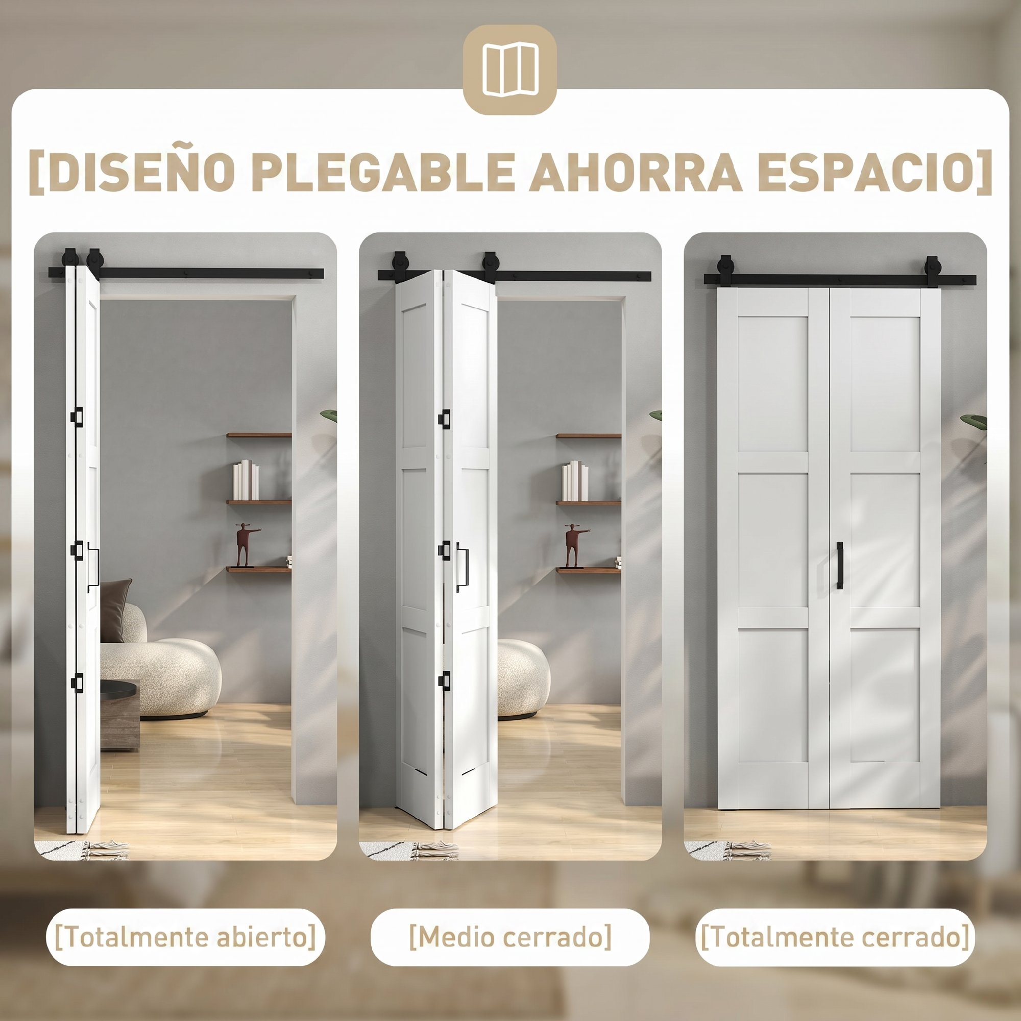Una puerta plegable blanca, mostrada de totalmente abierta a cerrada.