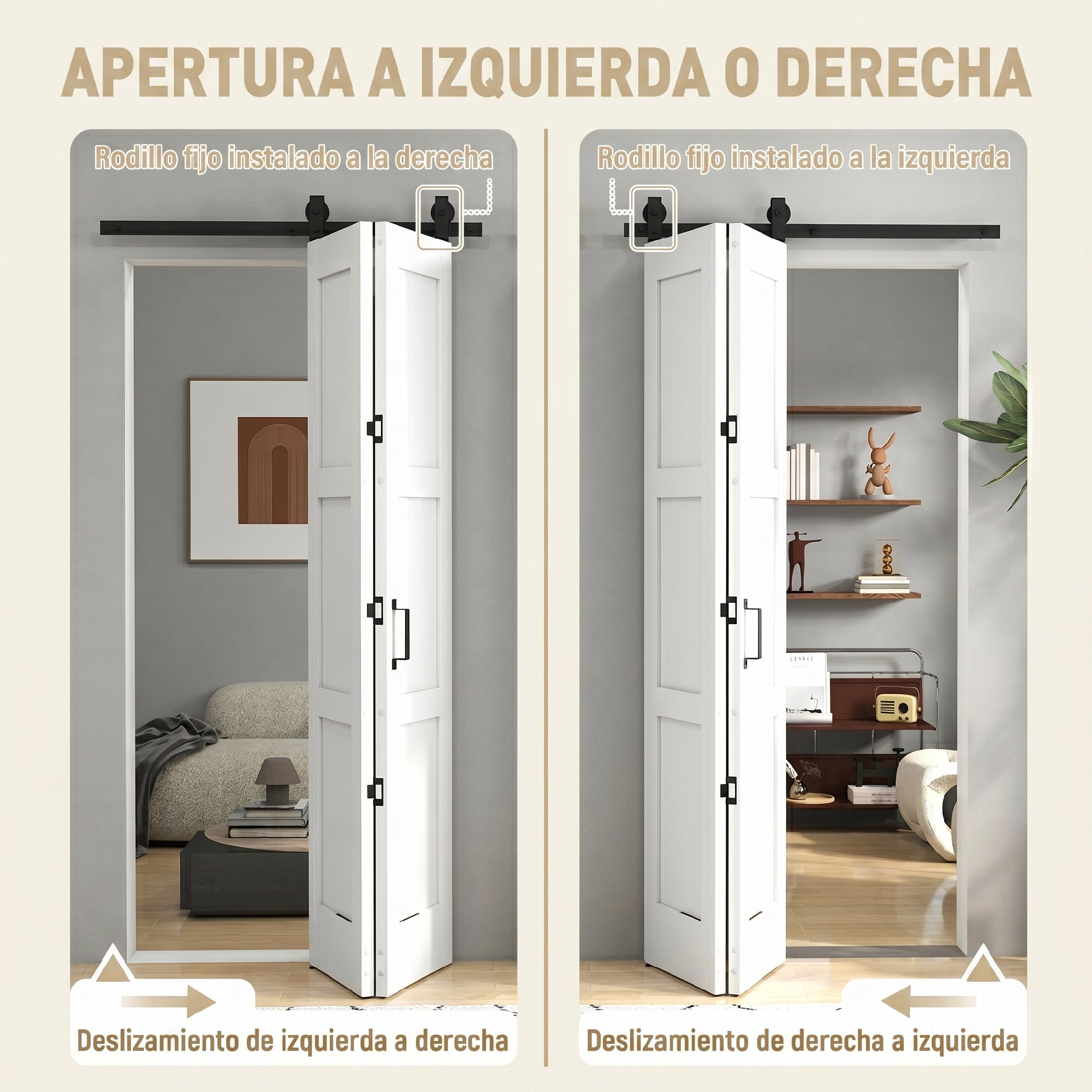 Dos puertas correderas blancas con tiradores negros, una a la izquierda.