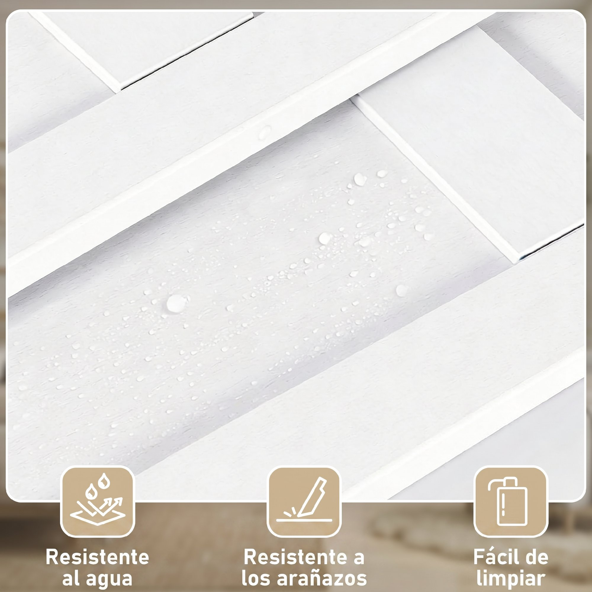 Superficie blanca con gotas de agua e iconos de resistencia al agua, a los arañazos y fácil limpieza.