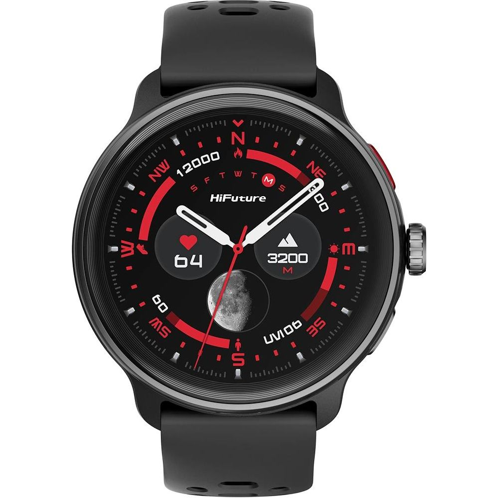 Reloj inteligente negro con esfera roja que muestra luna, ritmo cardíaco y altitud.