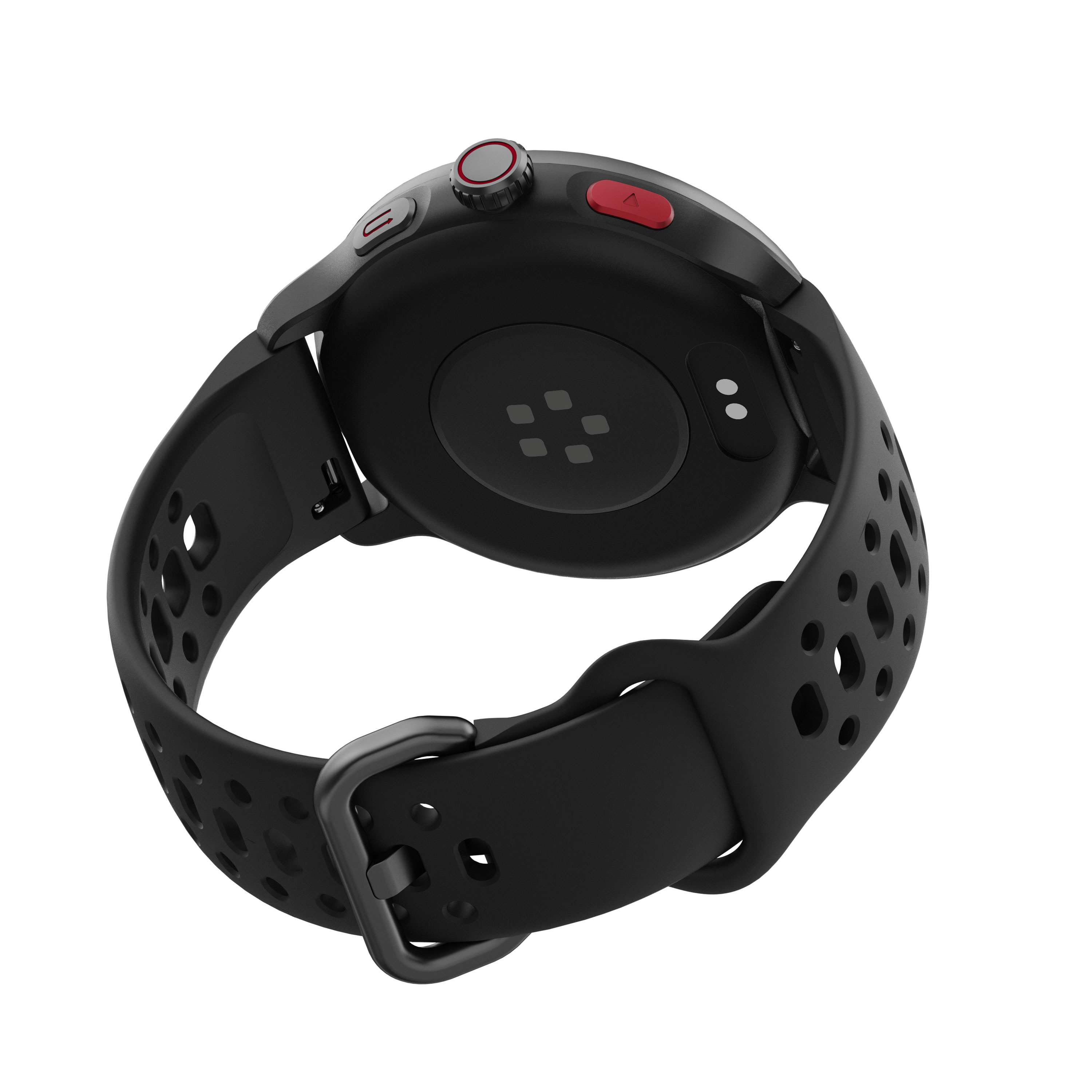 Reloj inteligente negro con correa perforada y botones rojos.