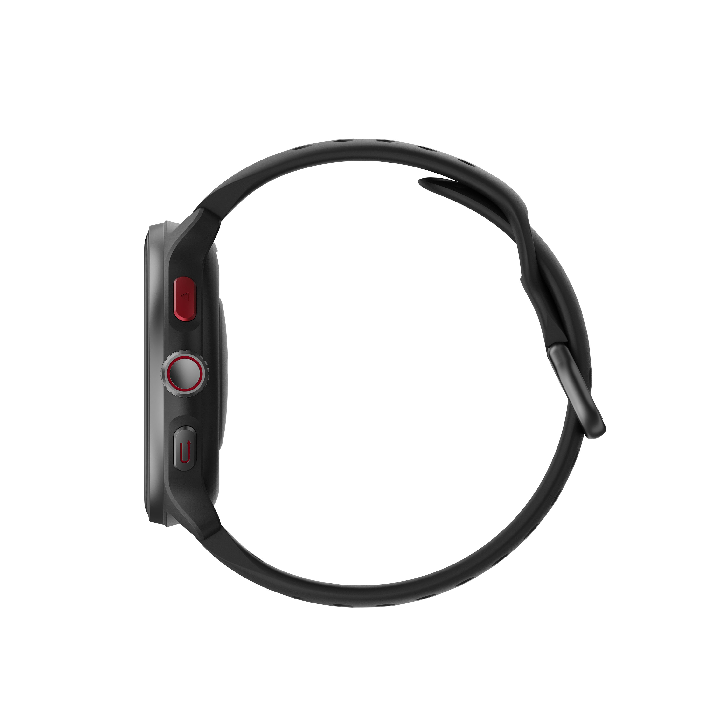 Reloj inteligente gris con correa negra, botones rojos y plateados al lado.