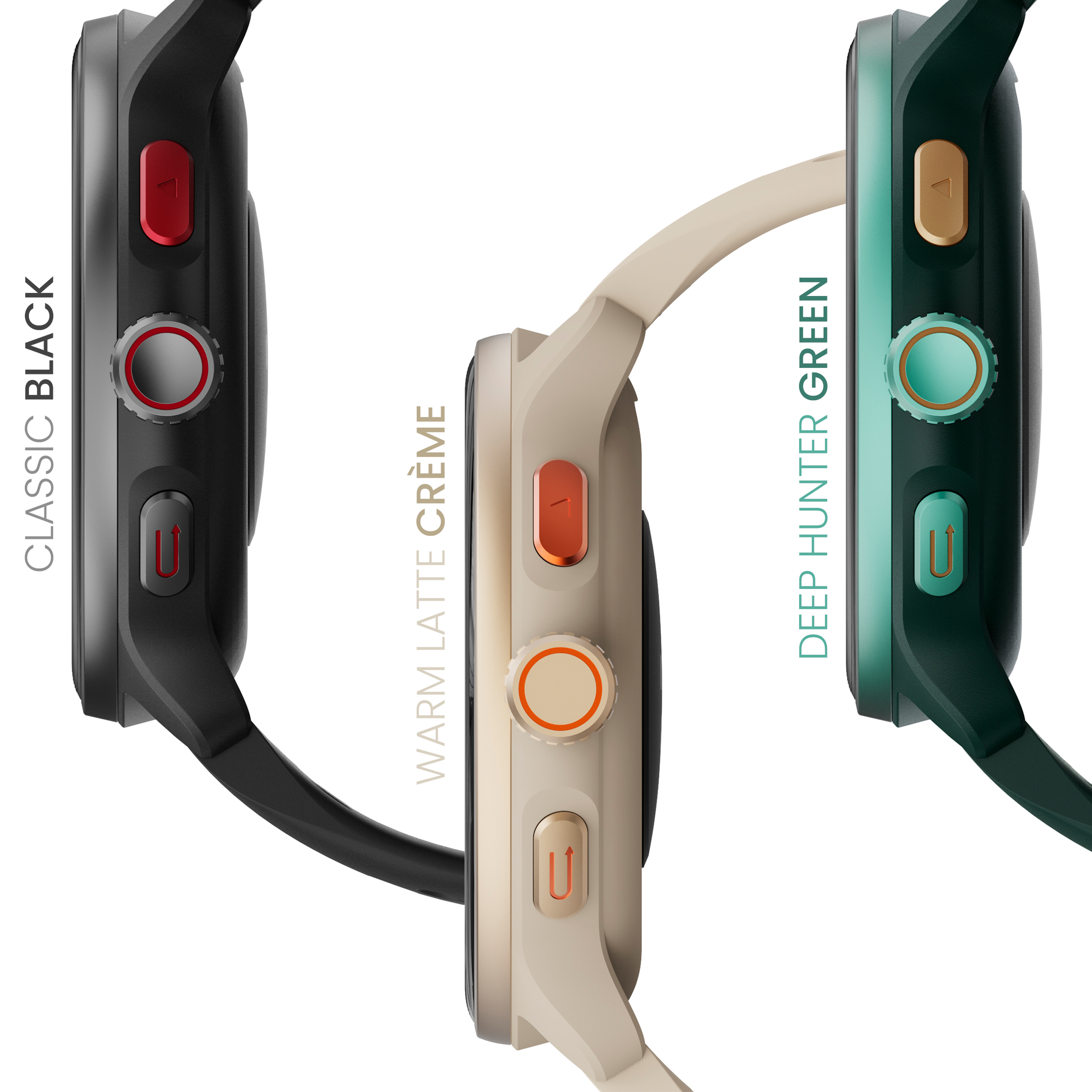 Tres relojes en negro, crema latte y verde cacería con botones de acento.