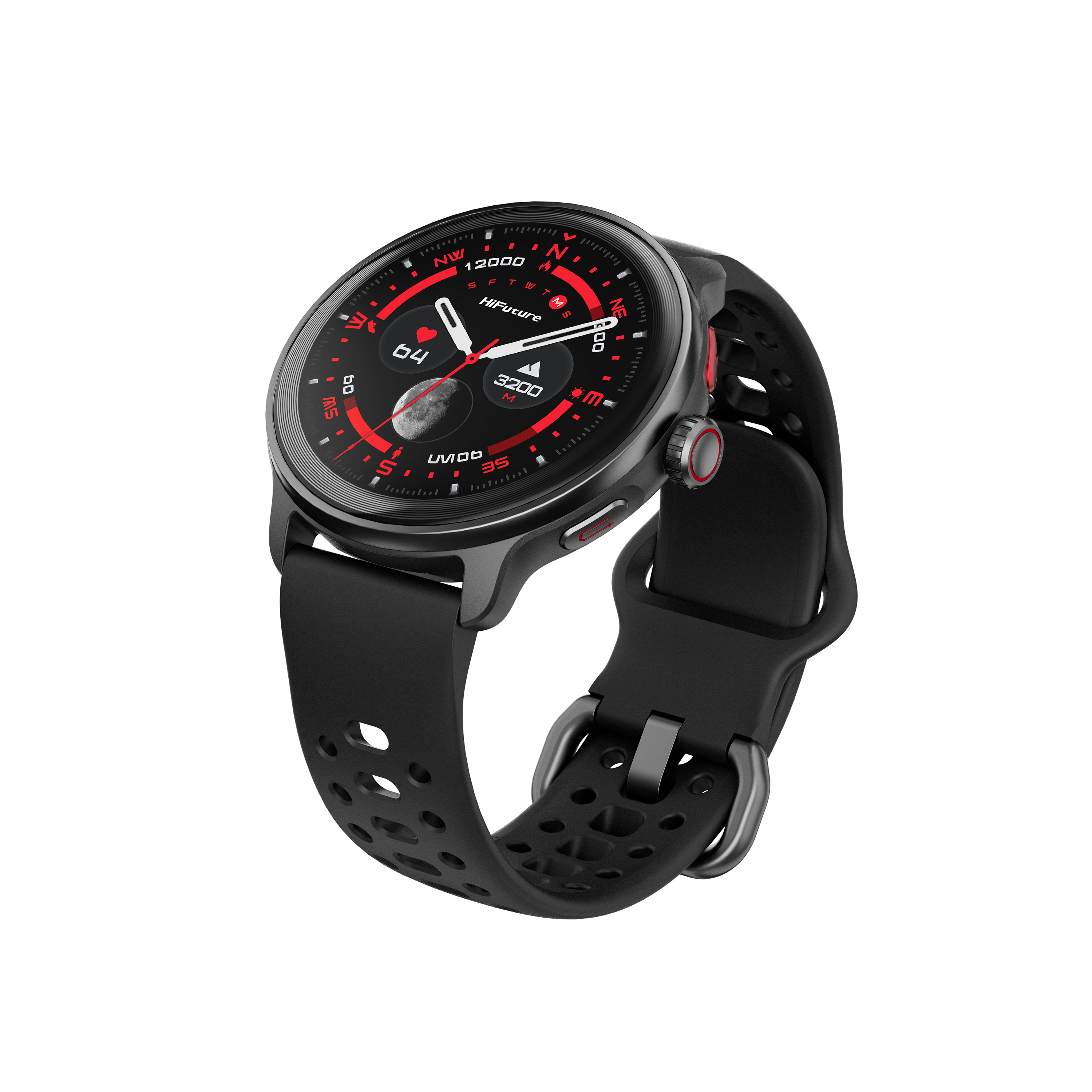 Reloj inteligente negro con detalles rojos en la esfera y correa perforada.