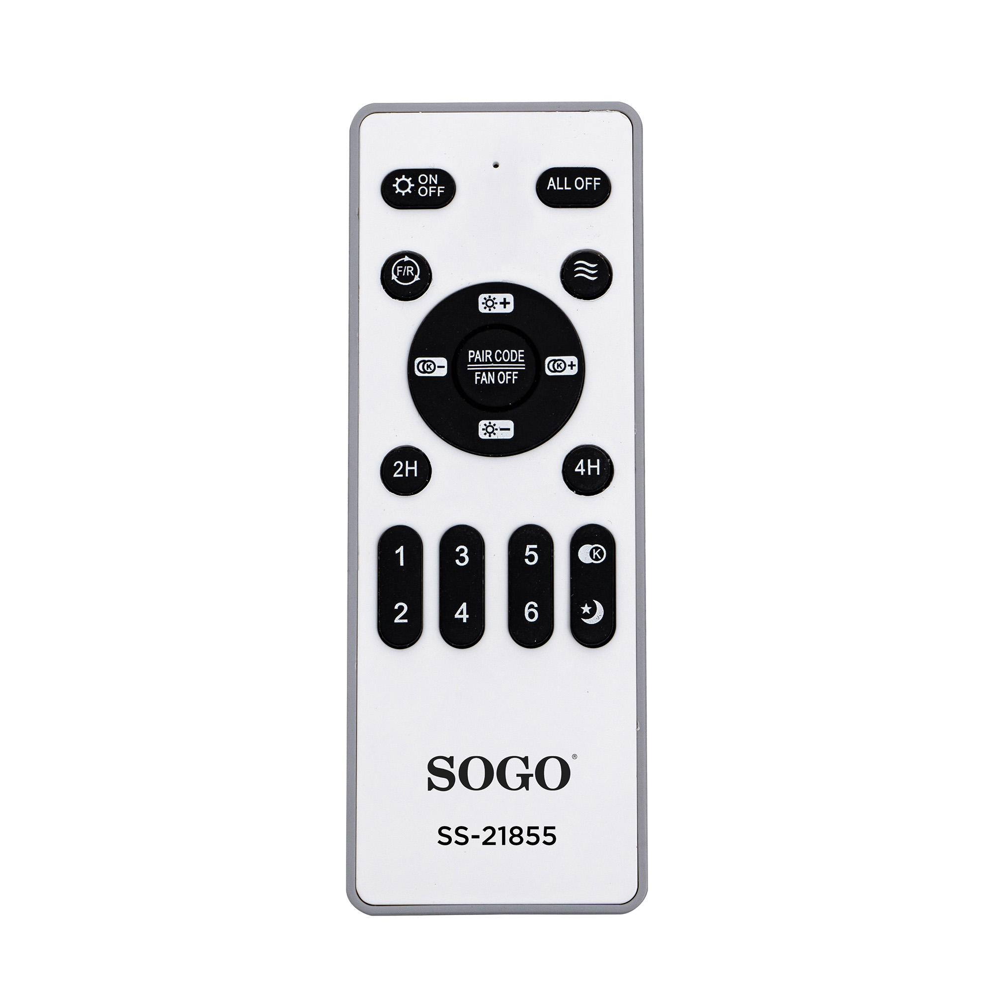 Un telecomando bianco con pulsanti neri e logo SOGO.