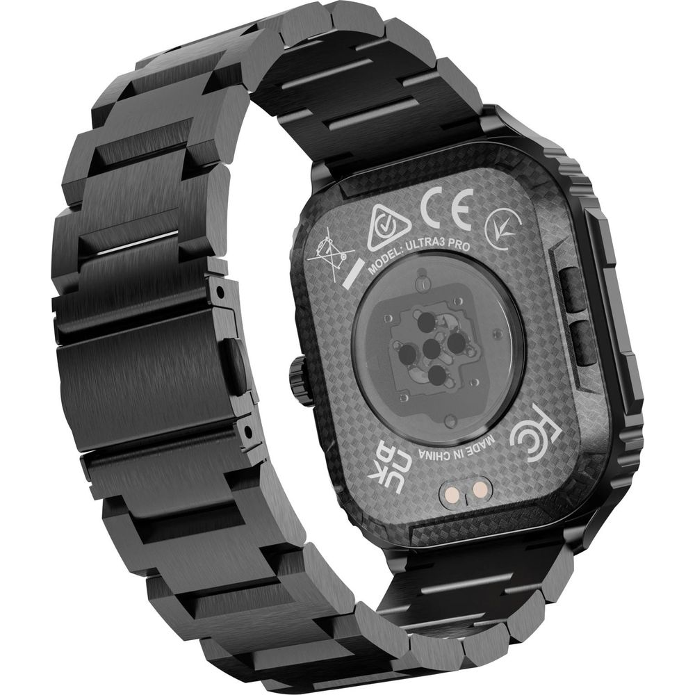 Smartwatch nero con cinturino in metallo, sensori e loghi sul retro.