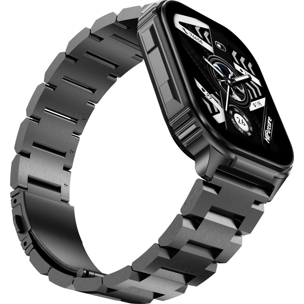 Uno smartwatch grigio con cinturino in metallo, che mostra uno schermo nero sul lato destro.