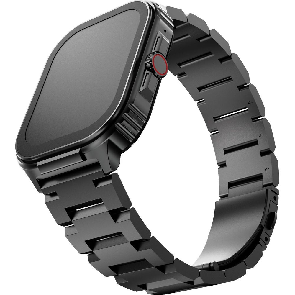 Un elegante smartwatch nero con cinturino metallico è mostrato di lato su sfondo bianco.
