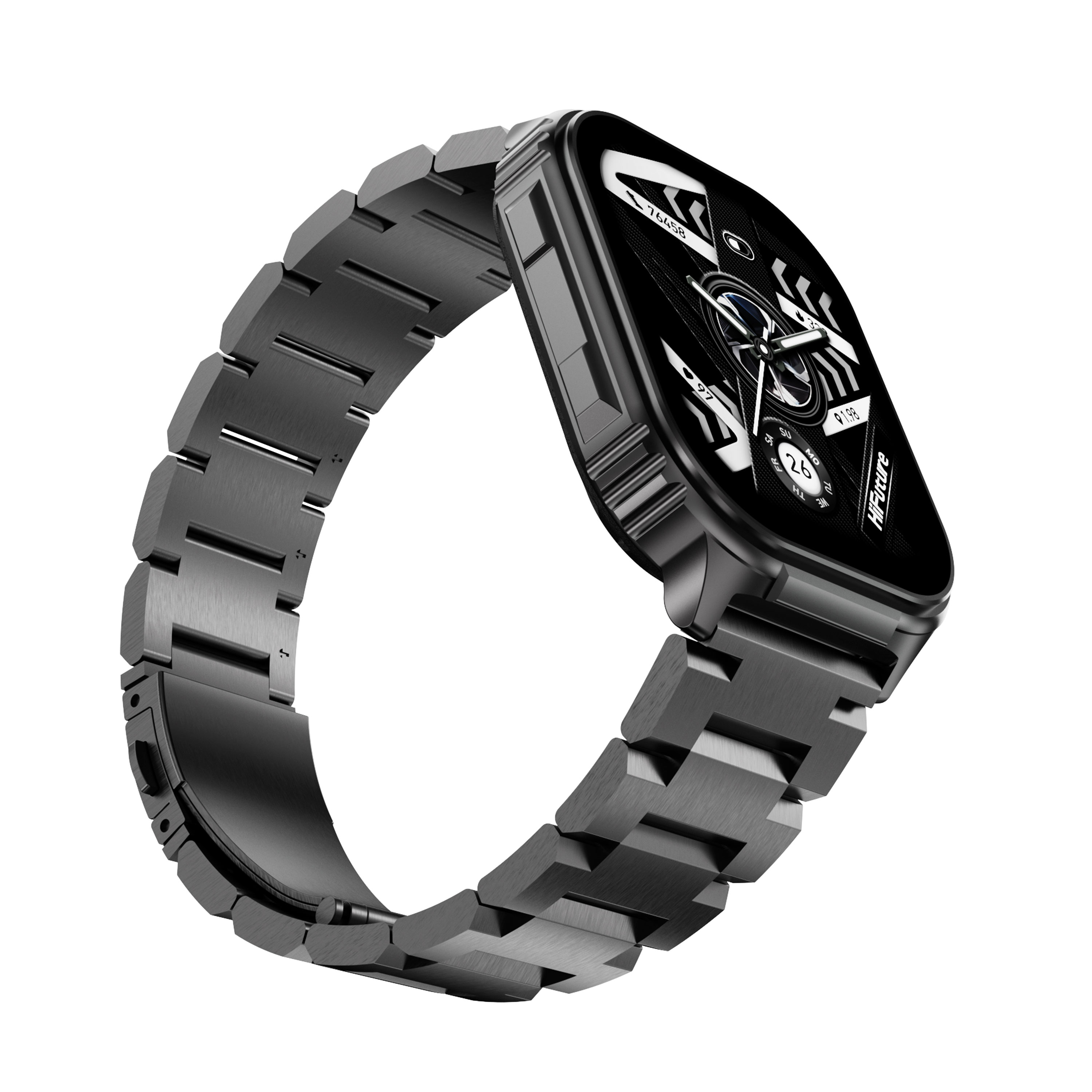 Uno smartwatch scuro con cinturino in metallo, fluttuante su sfondo bianco.