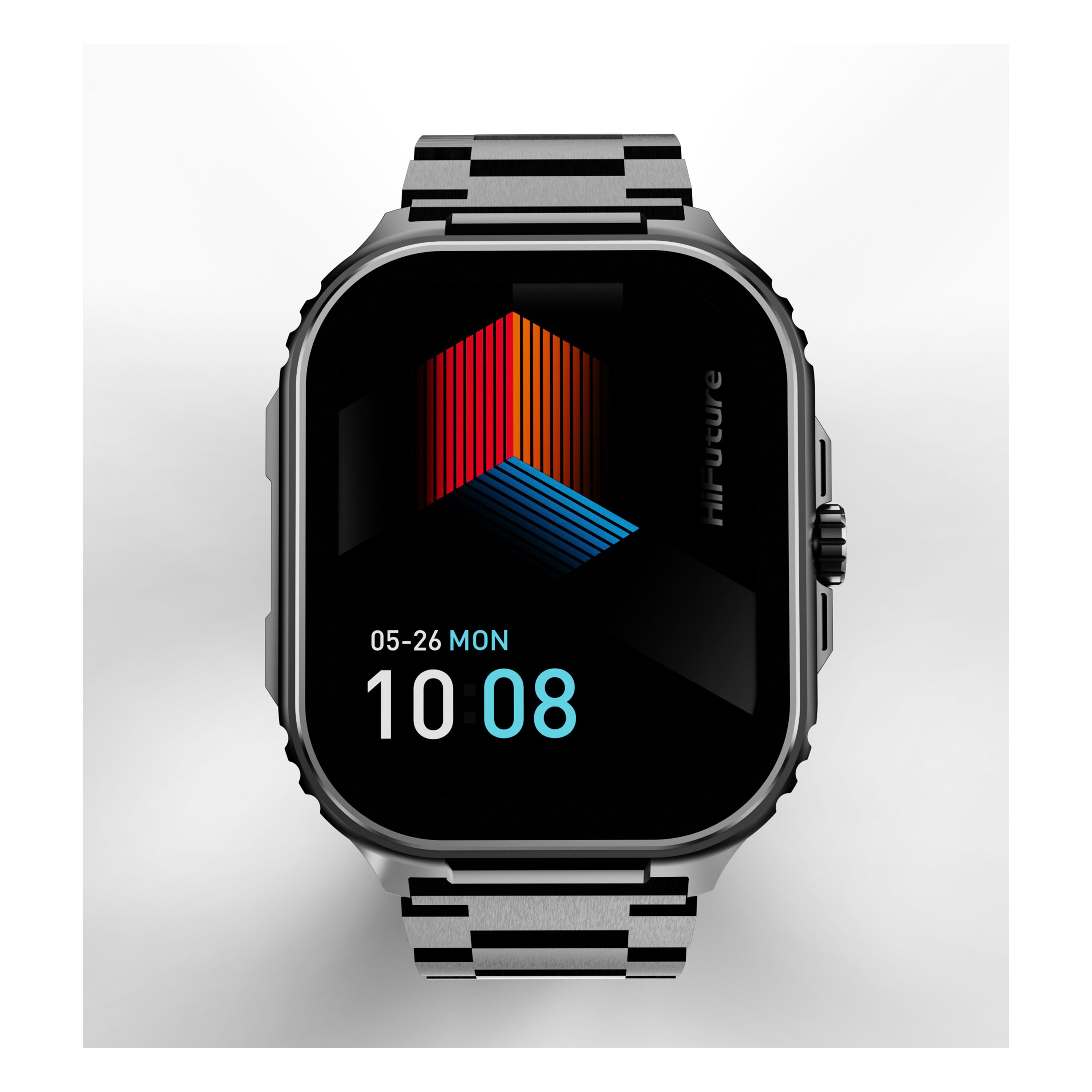 Smartwatch argento con quadrante nero mostra 10:08 e data.