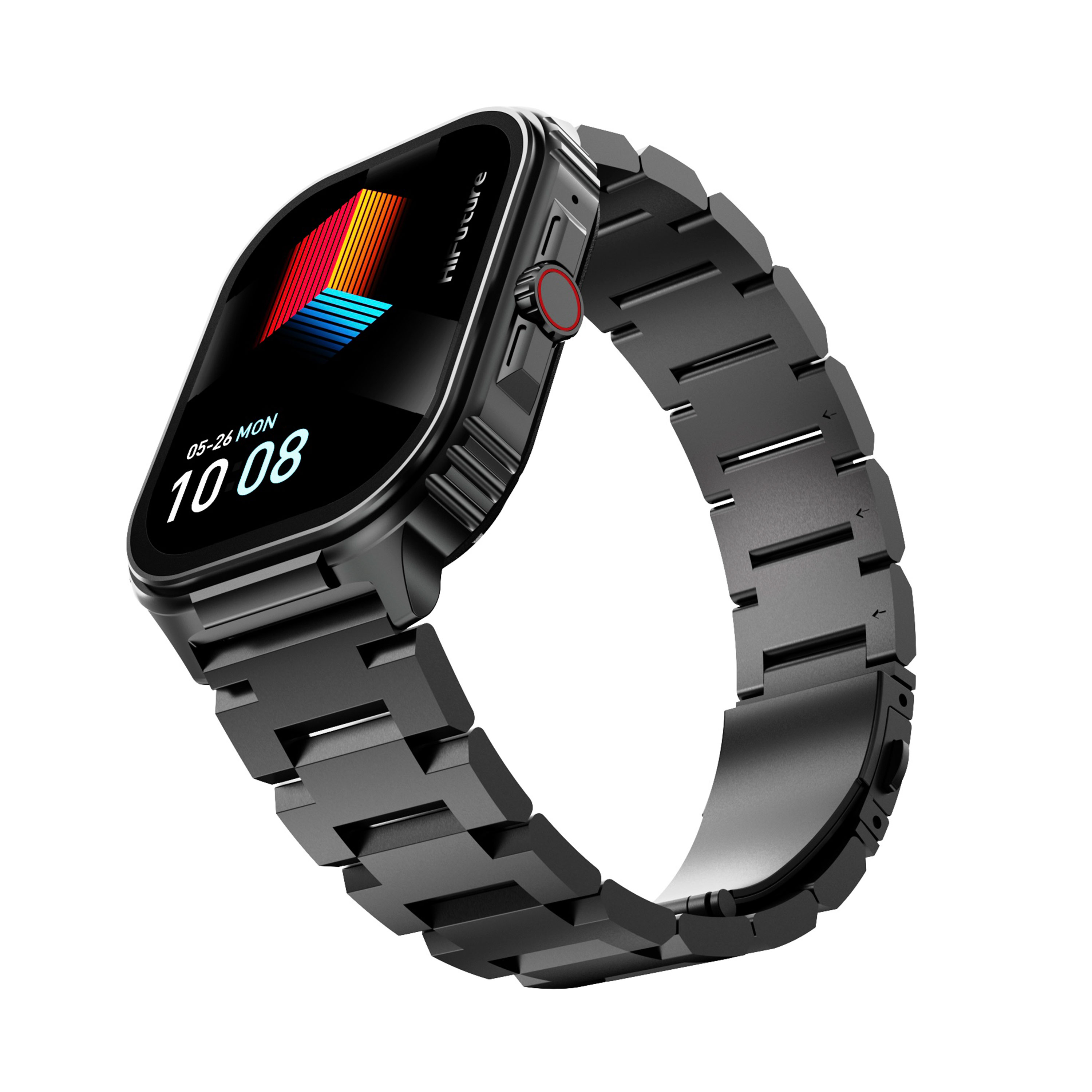 Smartwatch nero con cinturino in metallo e display colorato, mostra ora e data.