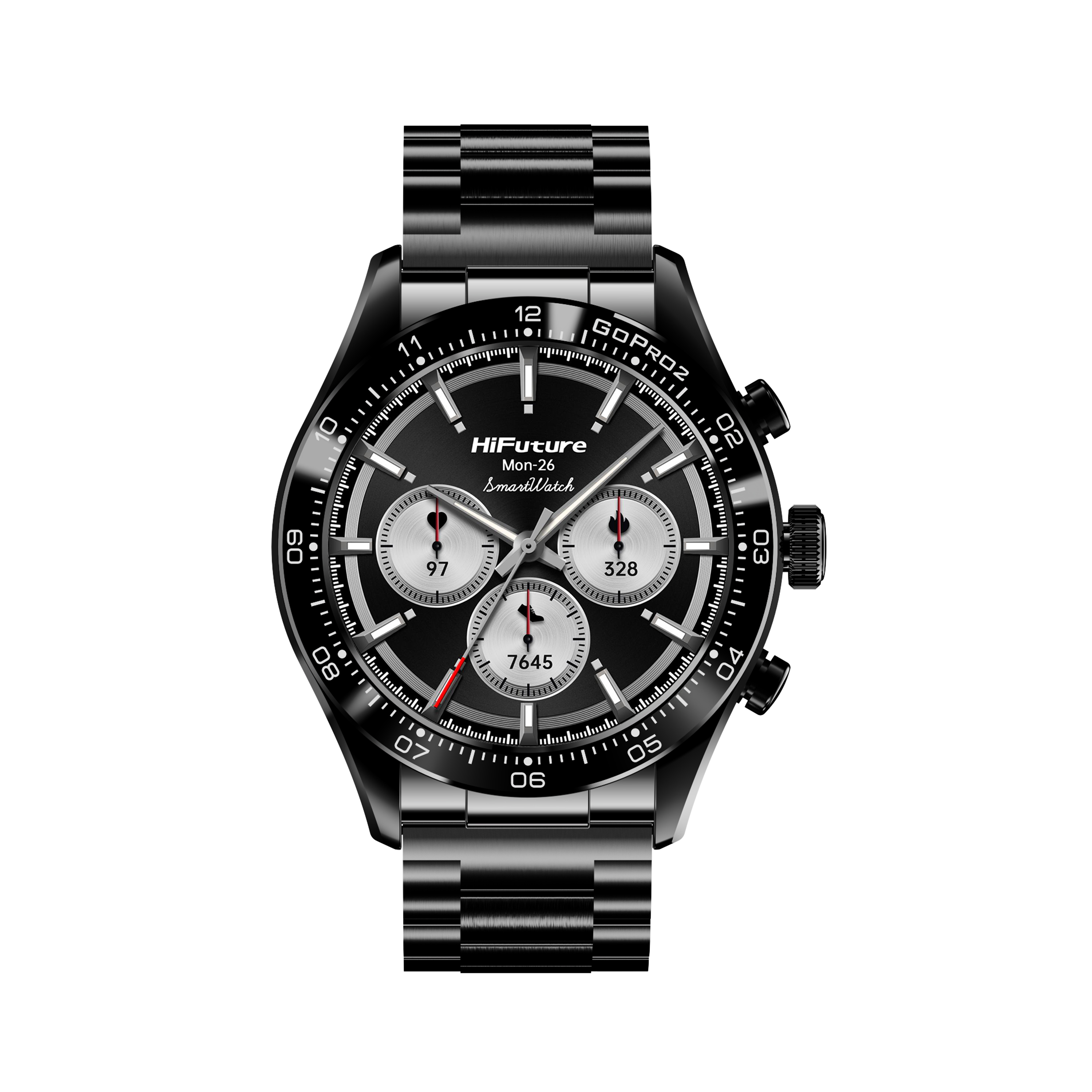 Uno smartwatch nero con sottoquadranti argentati e cinturini neri.
