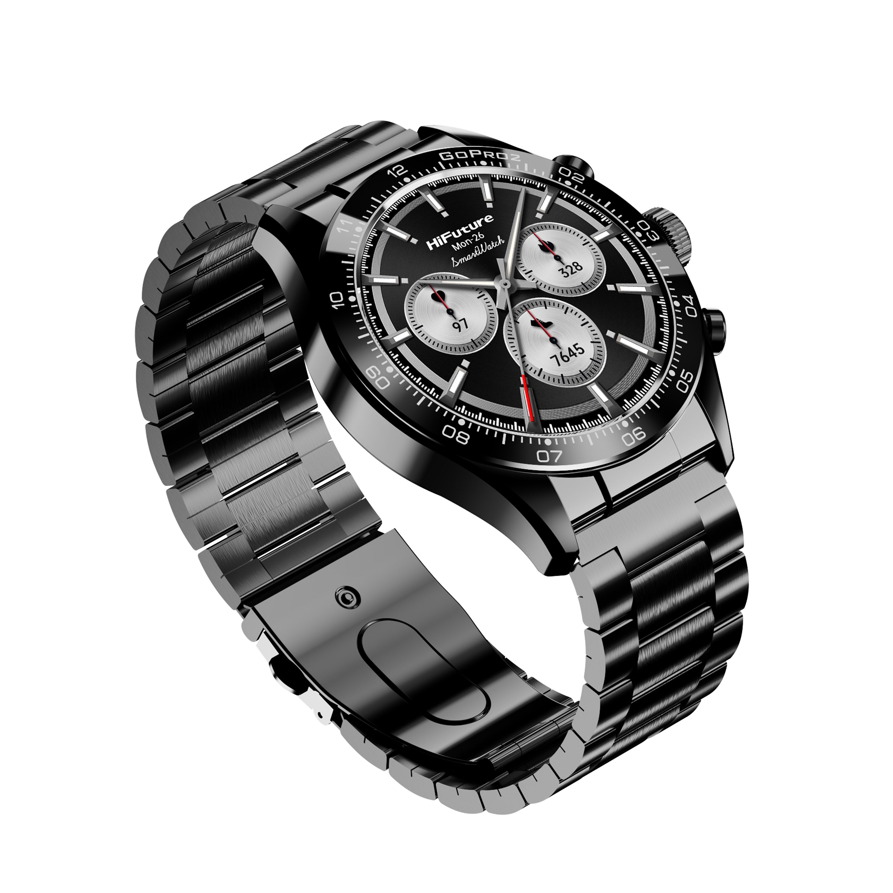 Uno smartwatch nero con sottoquadranti argentati e lancetta dei secondi rossa su sfondo bianco.