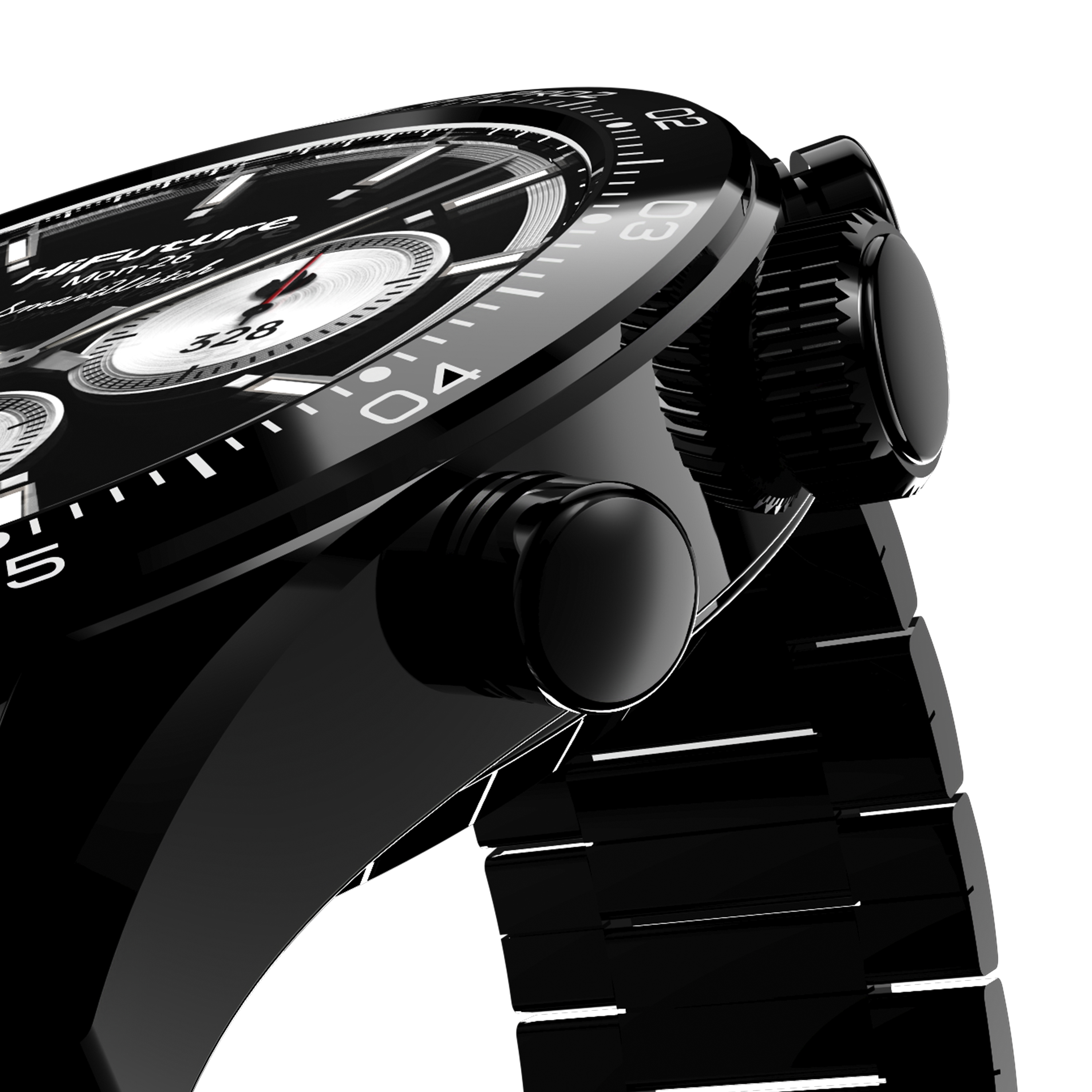 Primo piano di uno smartwatch nero con accenti argentati e display digitale.