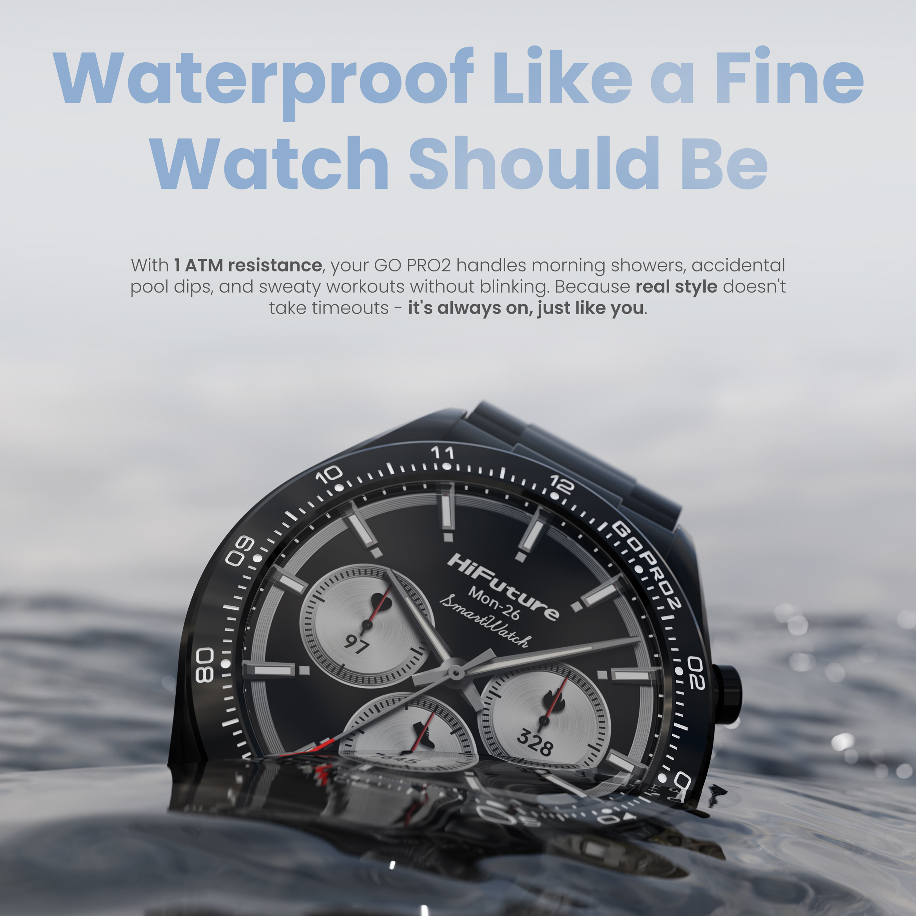 Uno smartwatch HiFuture nero è parzialmente sommerso nell'acqua, mostrando il quadrante.