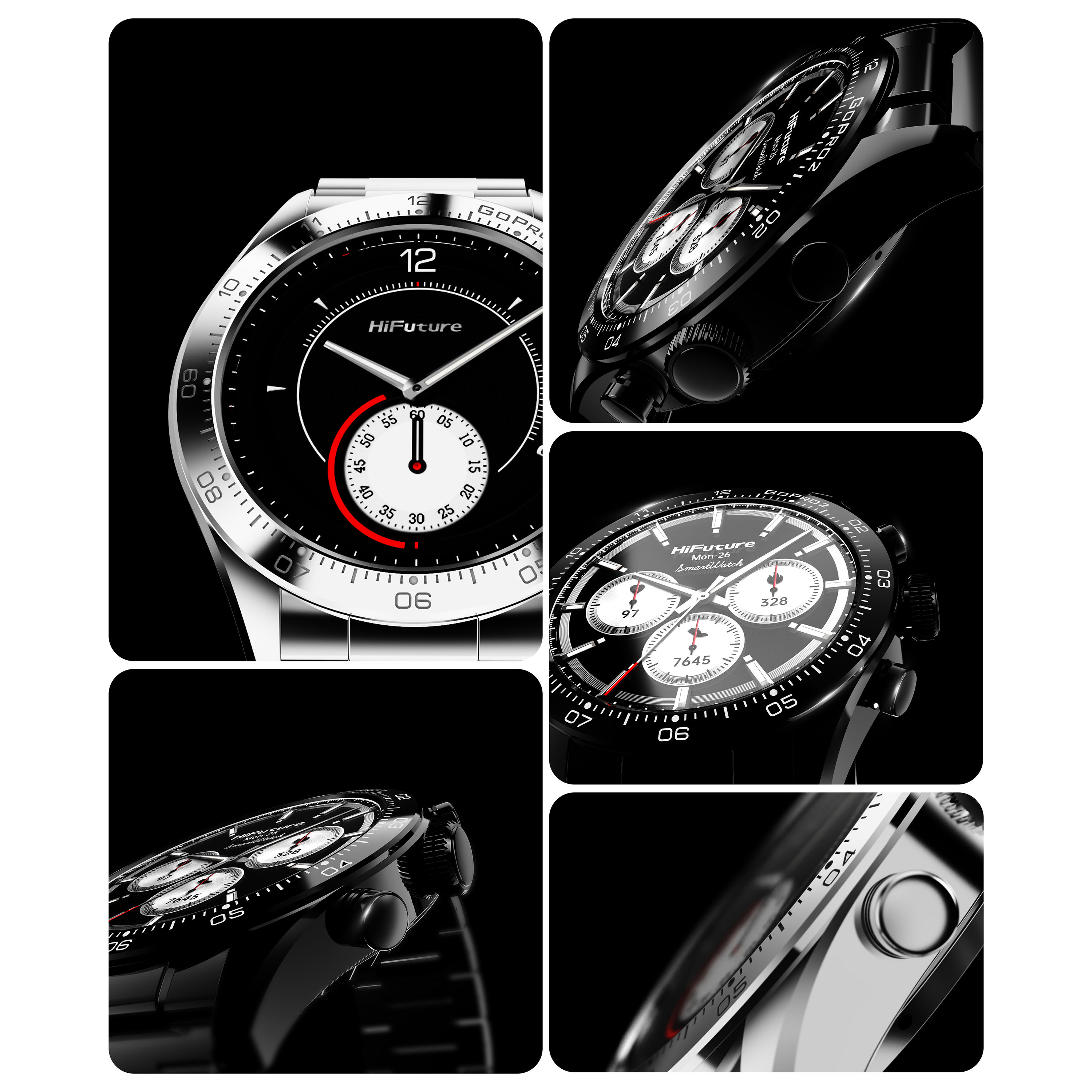 Primo piano di uno smartwatch nero con cinturino argentato, con più quadranti secondari.