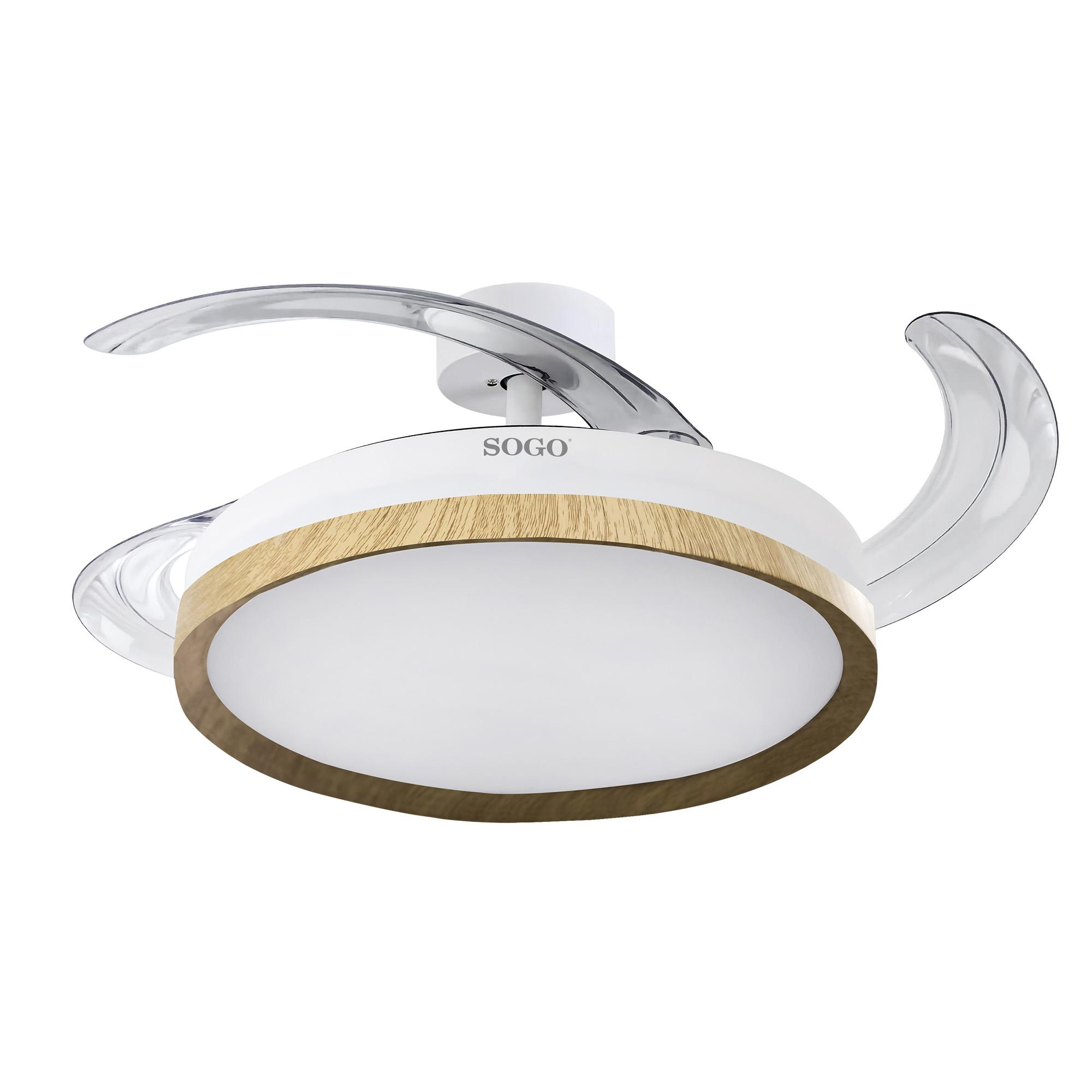 Ventilatore da soffitto moderno con luce LED e dettaglio in legno.