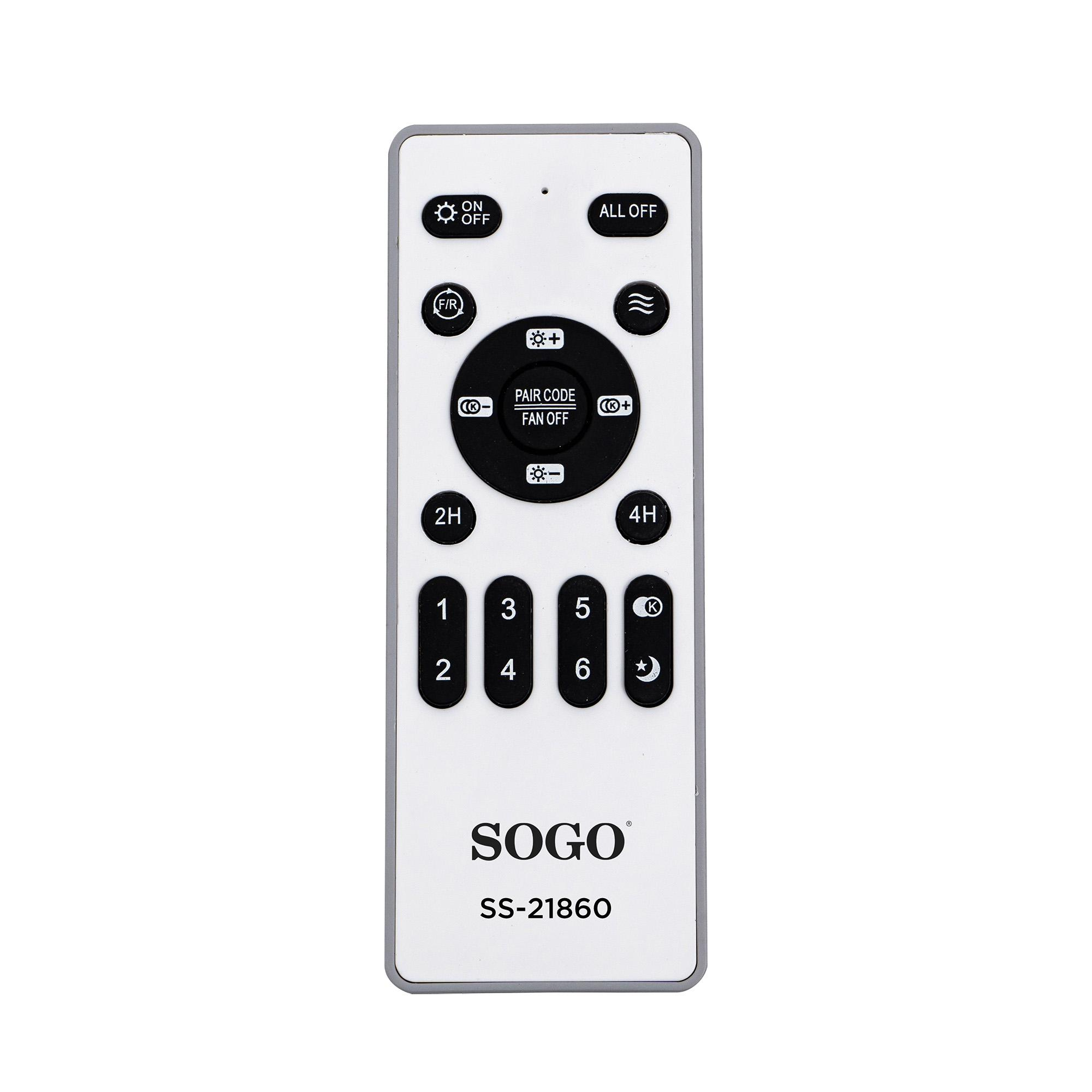 Telecomando bianco con pulsanti neri, logo SOGO e numero di modello.
