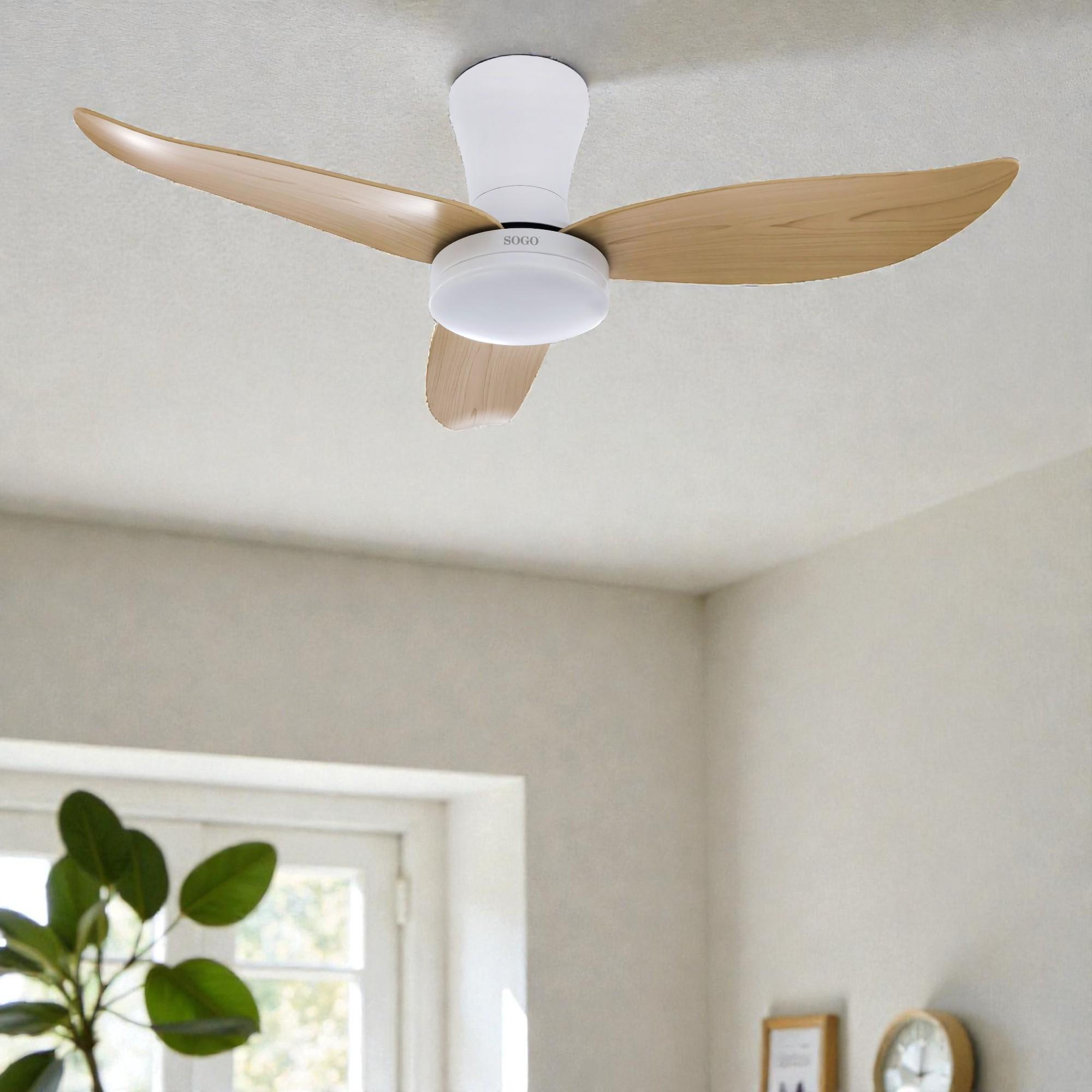 Ventilatore da soffitto bianco con pale in legno e luce sopra una finestra.
