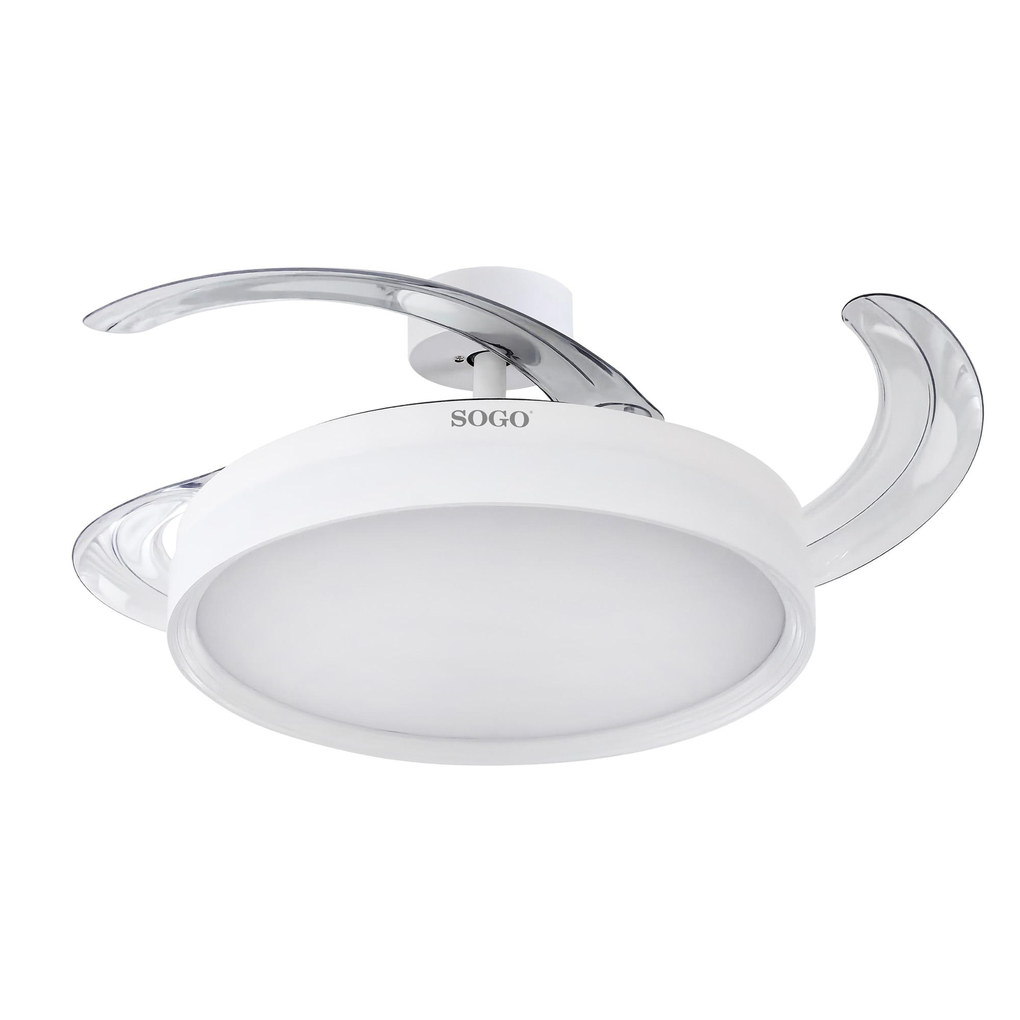Una lámpara de techo SOGO blanca con aspas transparentes y luz integrada.
