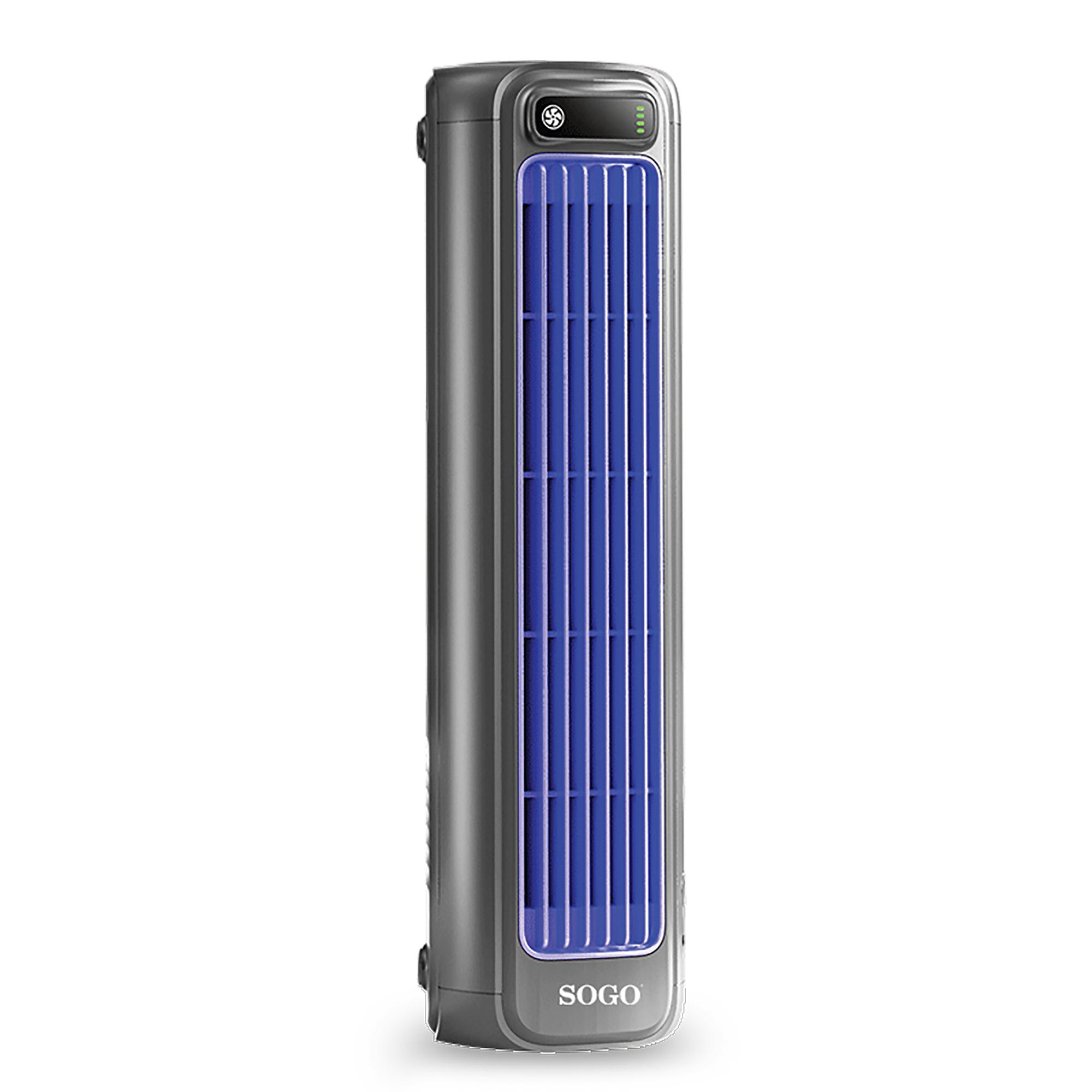 Un ventilador de torre gris elegante con rejilla azul y logo SOGO.