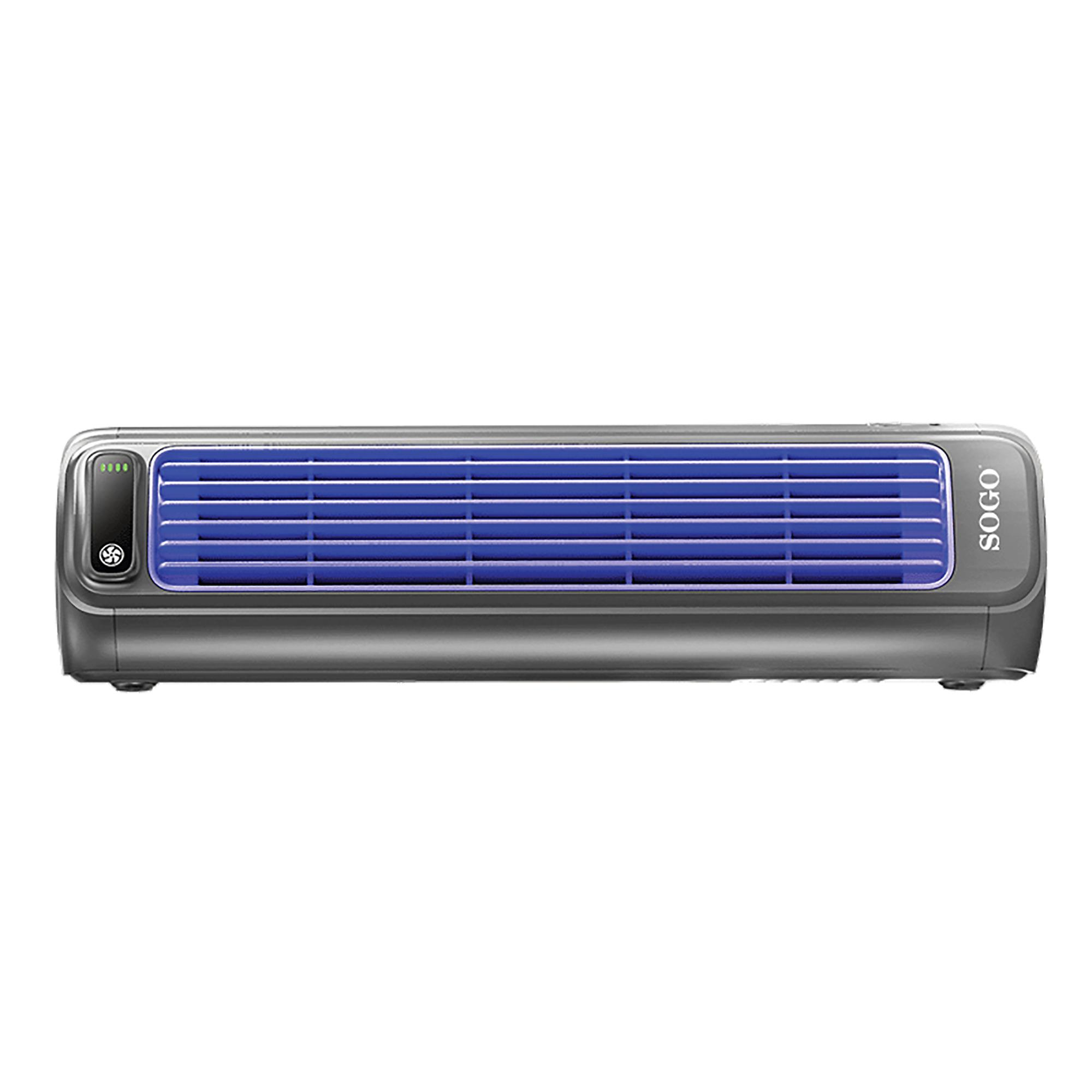 Un elegante aparato Sogo gris con rejillas azules y pantalla.
