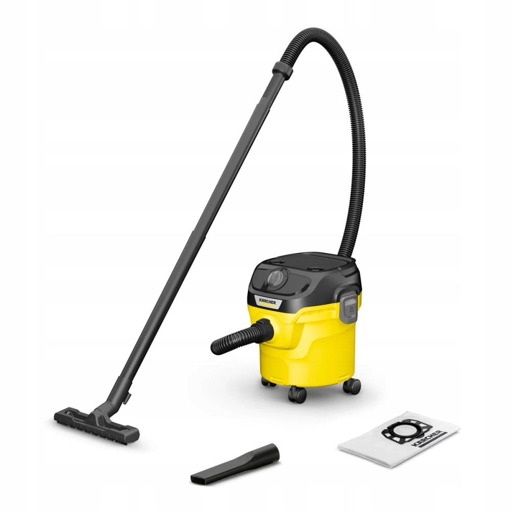 Żółty odkurzacz Karcher do pracy na mokro i sucho z czarnym wężem, rurą, ssawką podłogową, ssawką szczelinową i workiem filtrującym.