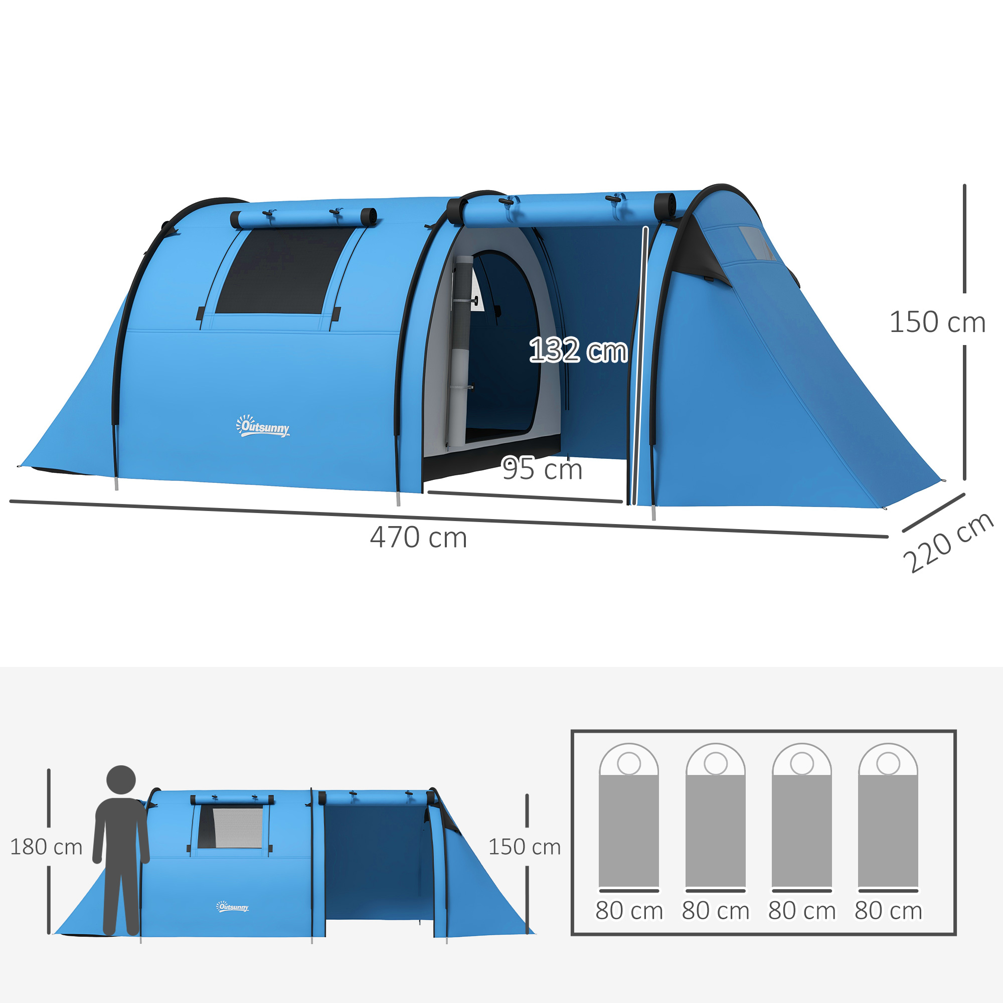 Tienda azul con dimensiones 470x220x150cm y distribución interior.