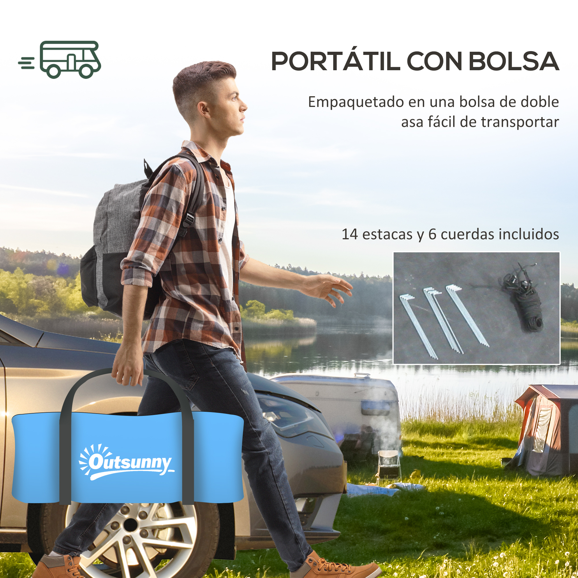 Hombre con mochila lleva bolsa azul cerca coche; equipo camping fondo. Portátil con bolsa.