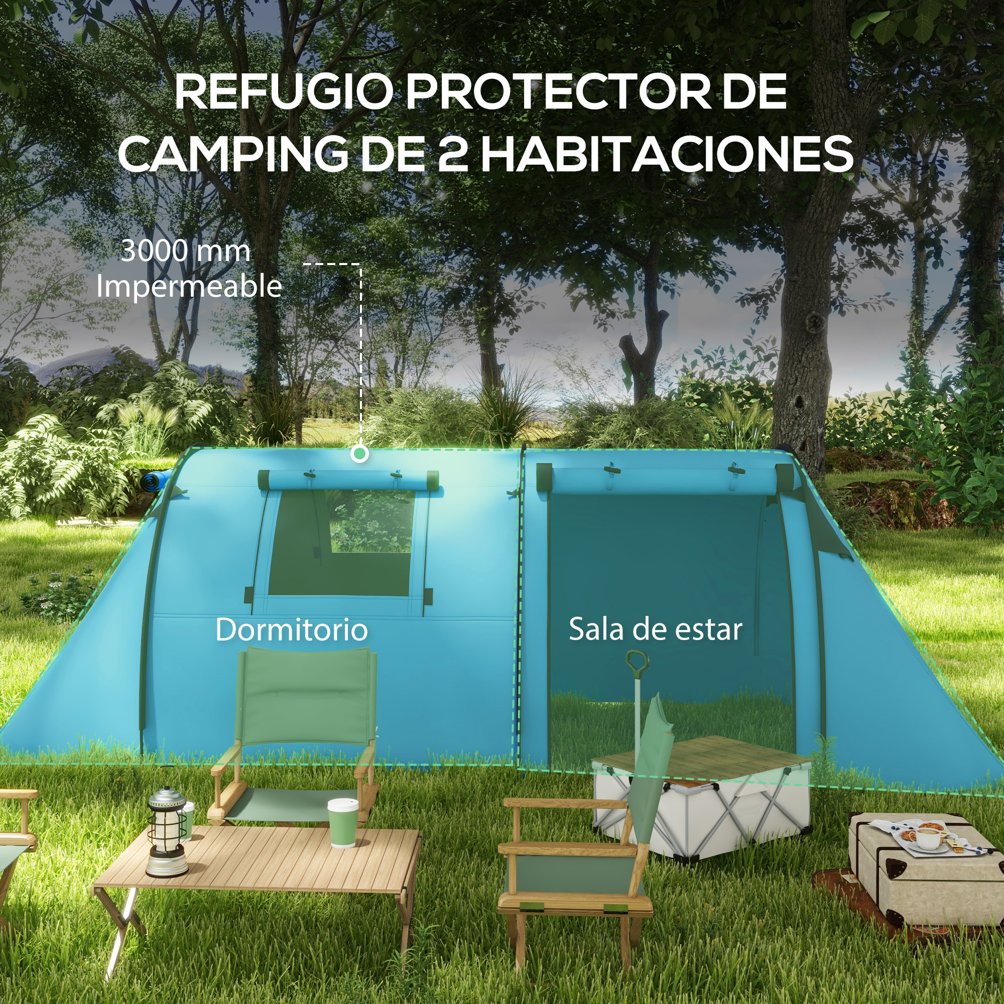 Una carpa azul de dos habitaciones en el césped. Cerca hay una mesa con lámpara.