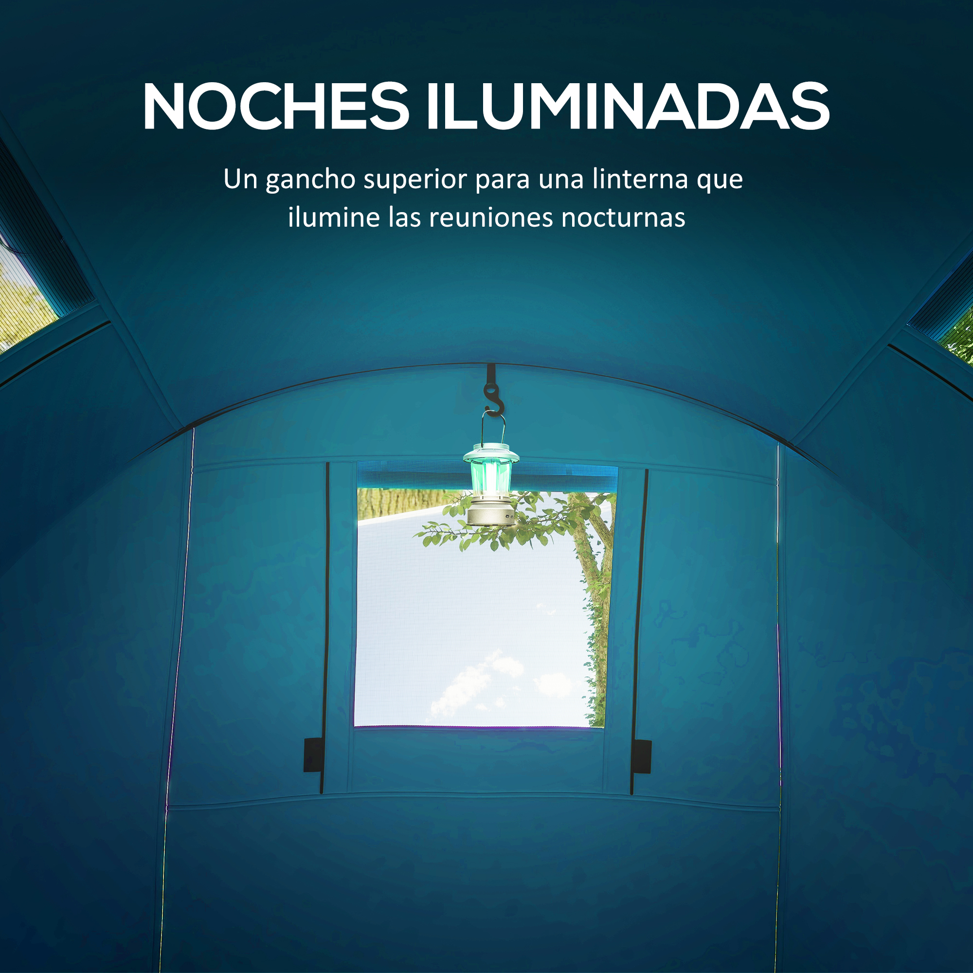 Vista interior de una tienda azul con linterna colgante, mirando hacia afuera.