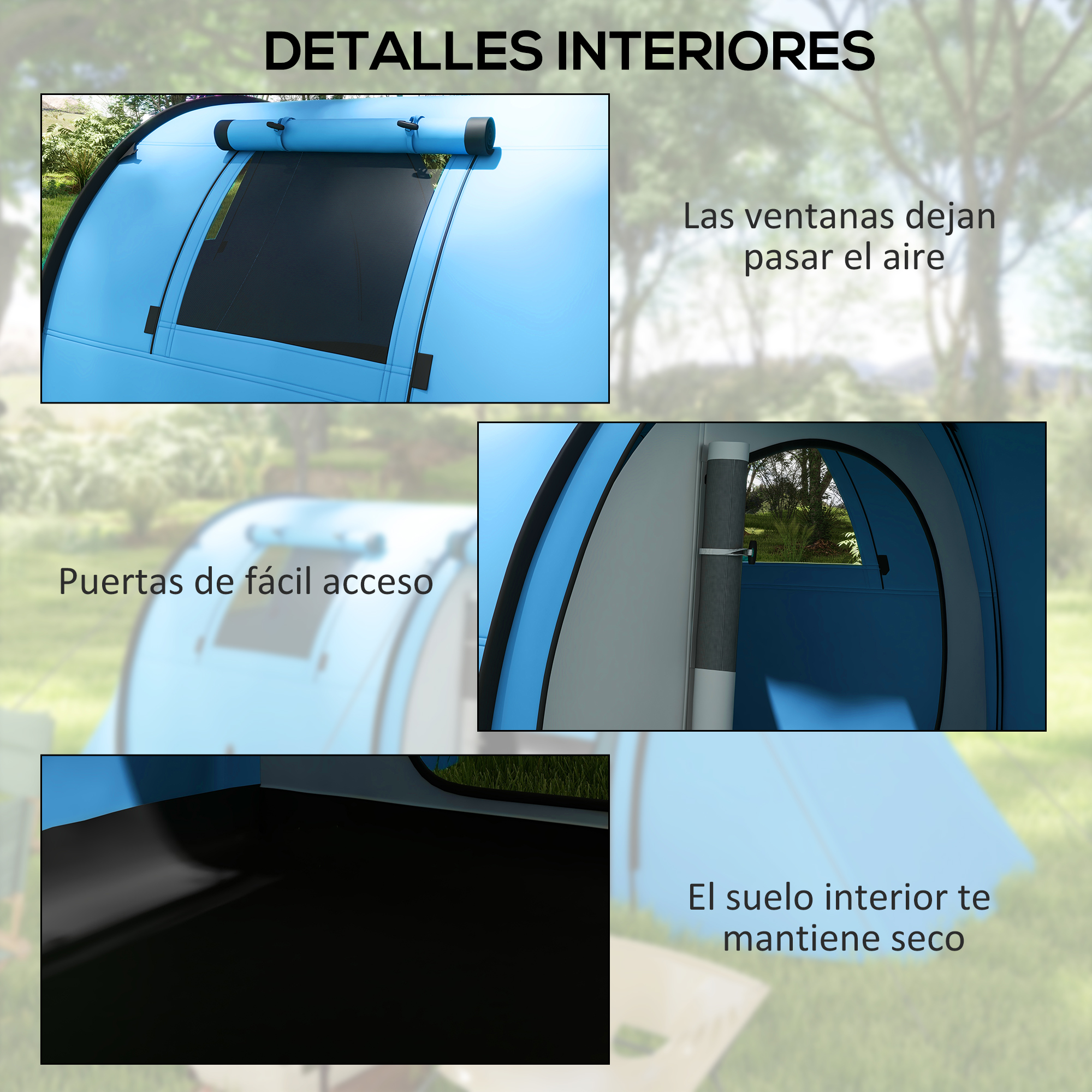 Tienda azul con ventanas, puertas y suelo.