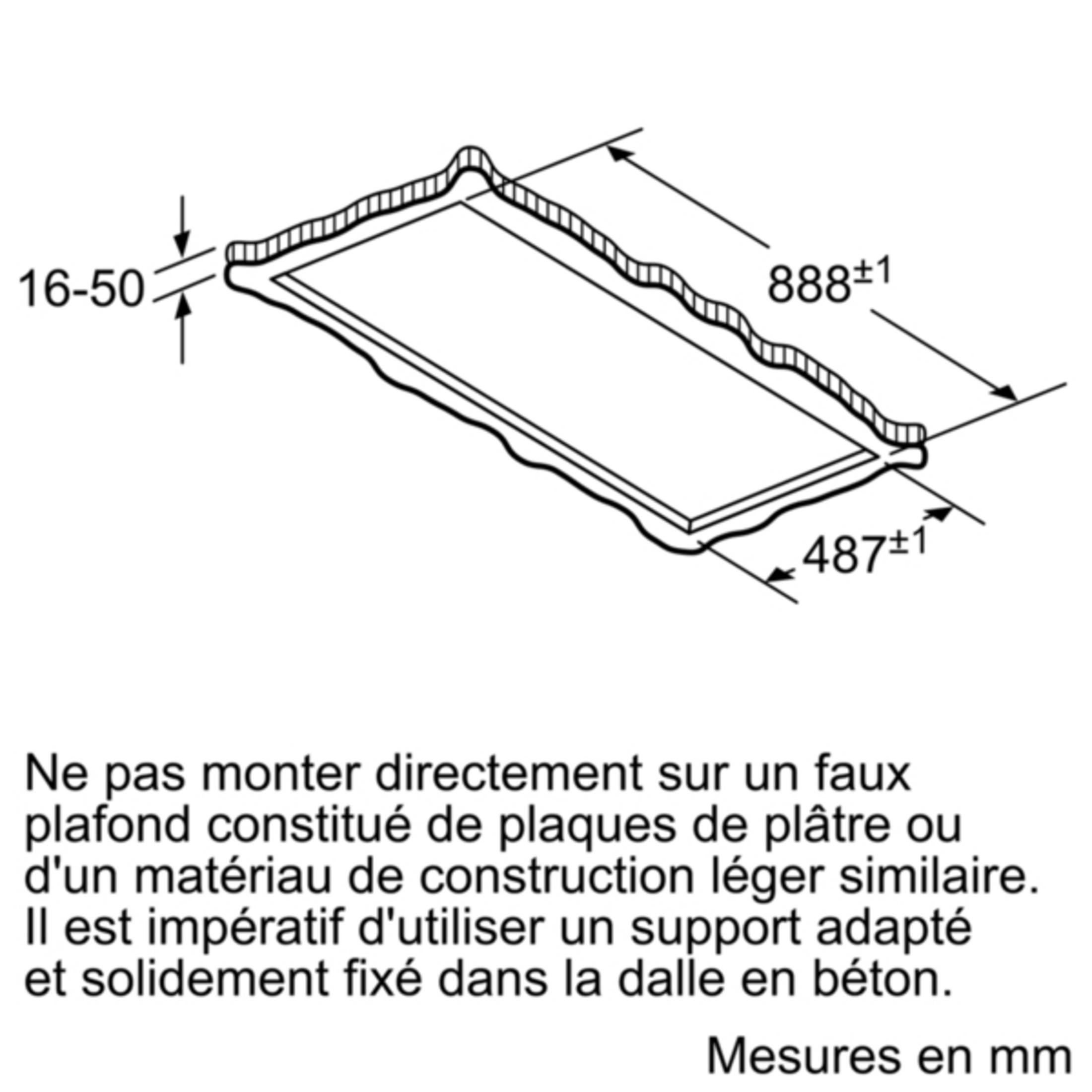 Dessin technique avec dimensions 888x487mm et 16-50mm. Texte d'avertissement.