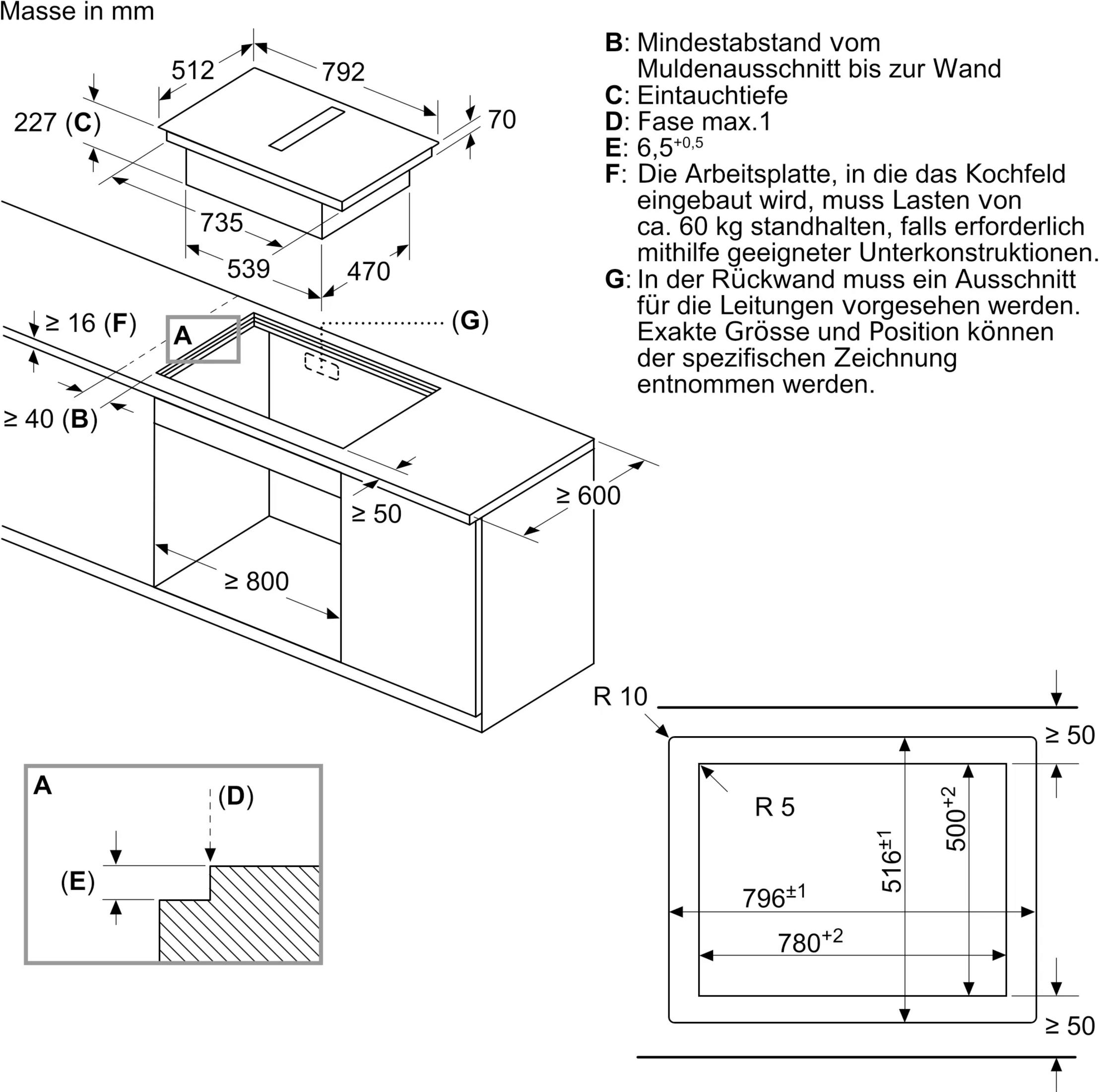 Disegno tecnico di un piano cottura con dimensioni e dettagli di installazione.