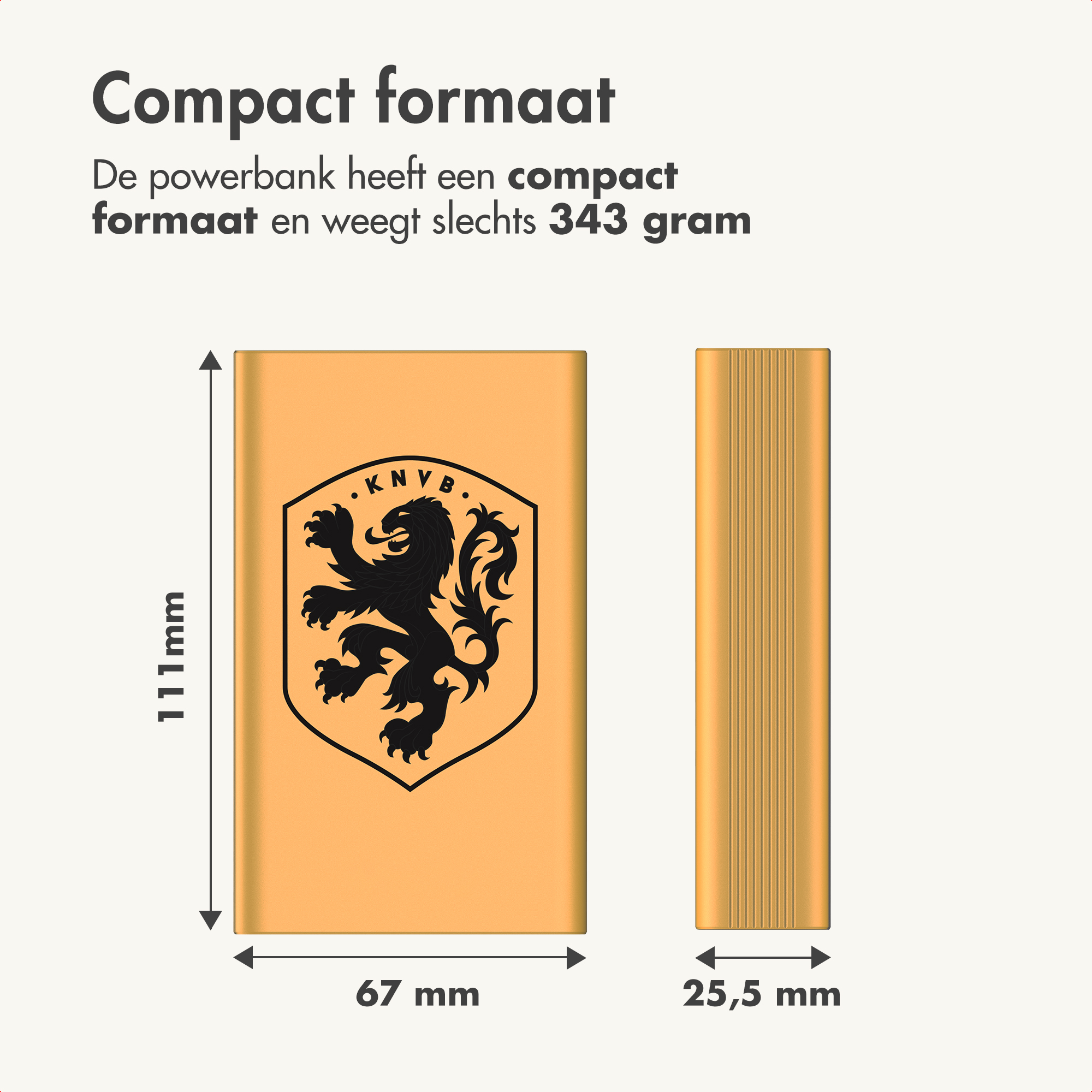 Oranje powerbank met leeuwenwapen, 111x67x25,5 mm, 343g.