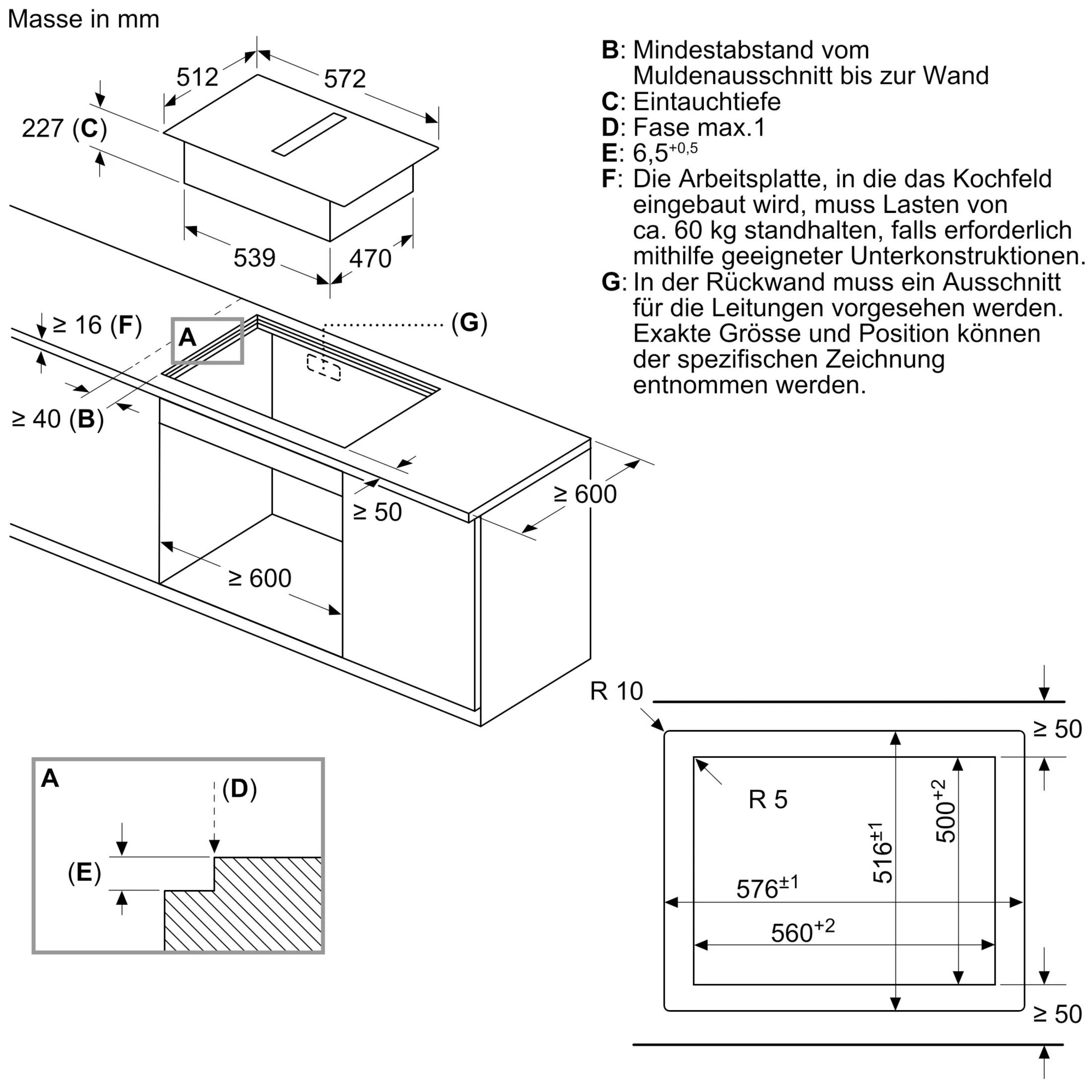 Dessin technique d'une plaque de cuisson avec dimensions et instructions d'installation.